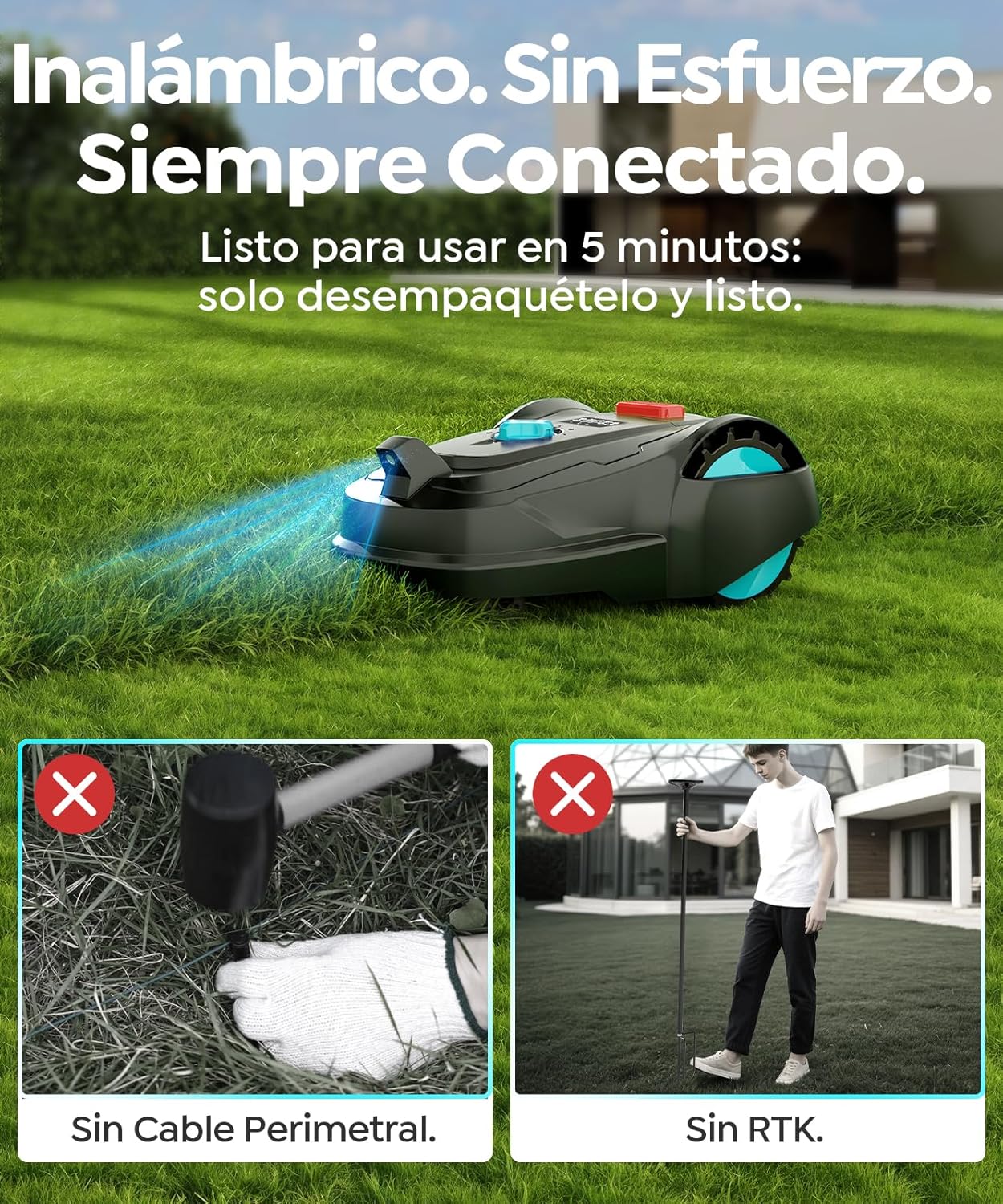 M800Plus Robot Cortacésped sin Cable Perimetral, 800 m², Posicionamiento GPS + Visión IA, Robot Cortacésped sin Cables, Modo de Corte en U, Detección de 150 Obstáculos, Carga Automática, App