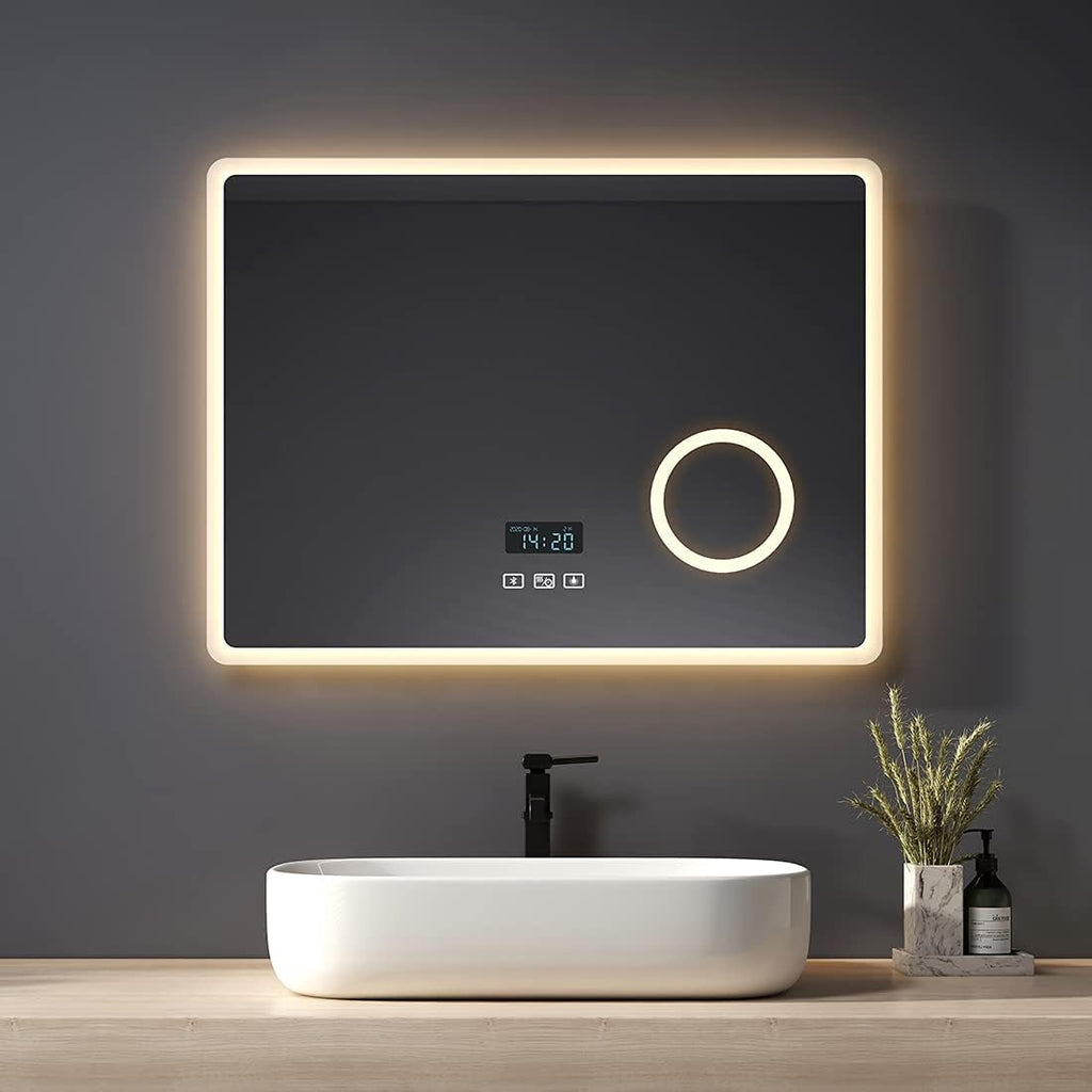 Heilmetz Espejo de baño Iluminado por LED con Lupa 3X, 80 x 60 cm, con Interruptor táctil y función antivaho, Reloj y Bluetooth, Regulable, Tres Colores, Tipo13