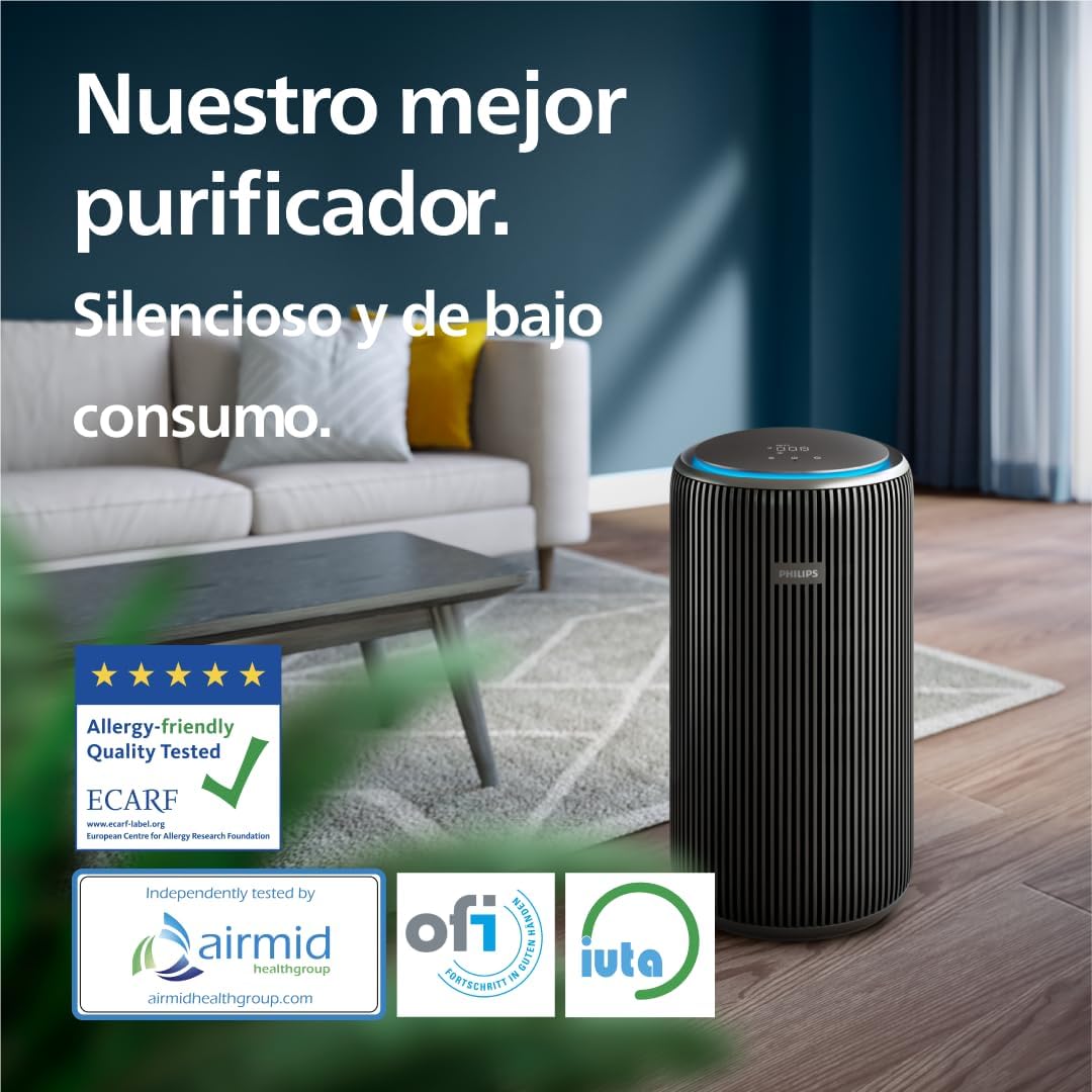 Purificador de aire Serie 4200, HEPA NanoProtect + doble filtro de carbón activo, CADR 600m³/h para 156m², ultra silencioso, inteligente y de bajo consumo (AC4221/11)