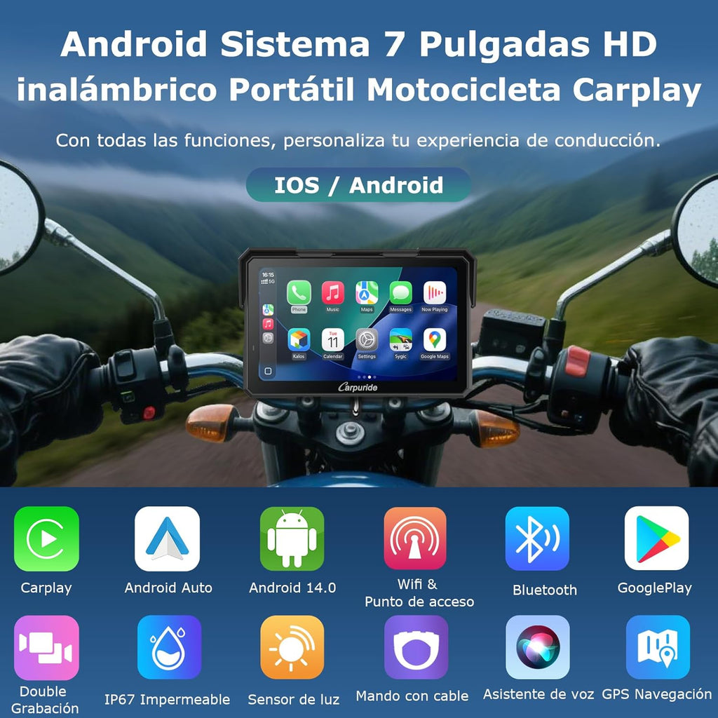 Carpuride W702 Plus Android 14 Motocicleta Carplay Pantalla con Doble Cámara, CarPlay y Android Auto Inalámbricos,7" Pantalla Táctil Impermeable, Audio BT,Grabación Bucle, Navegación Online y Offline.