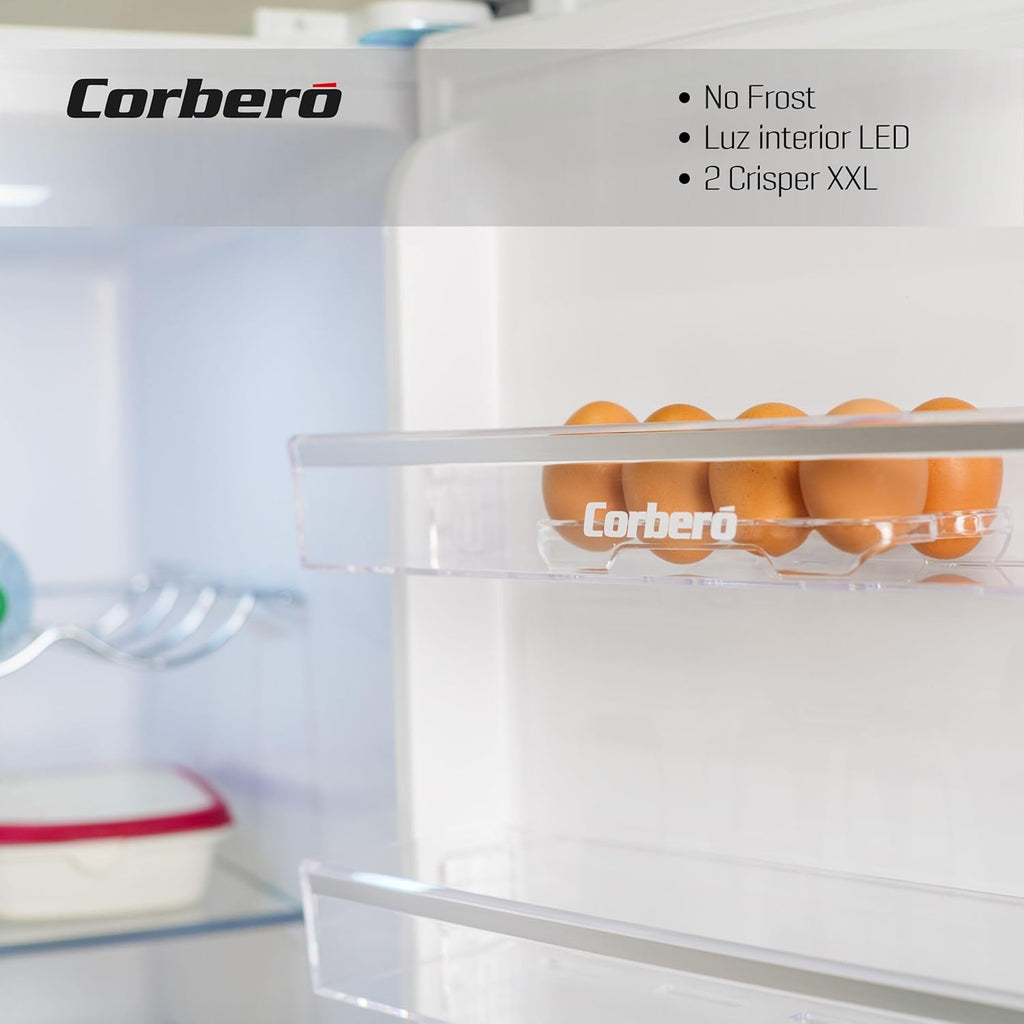 Corberó - Frigorífico 1 Puerta | CCLH18524NFW | 65x59,5x185 | Capacidad 359L | No Frost | Display en Puerta | Luz LED | 2 Crisper XXL | Fresh Box | 4 Botelleros | Tirador Easy Open | 40 Db | Inox