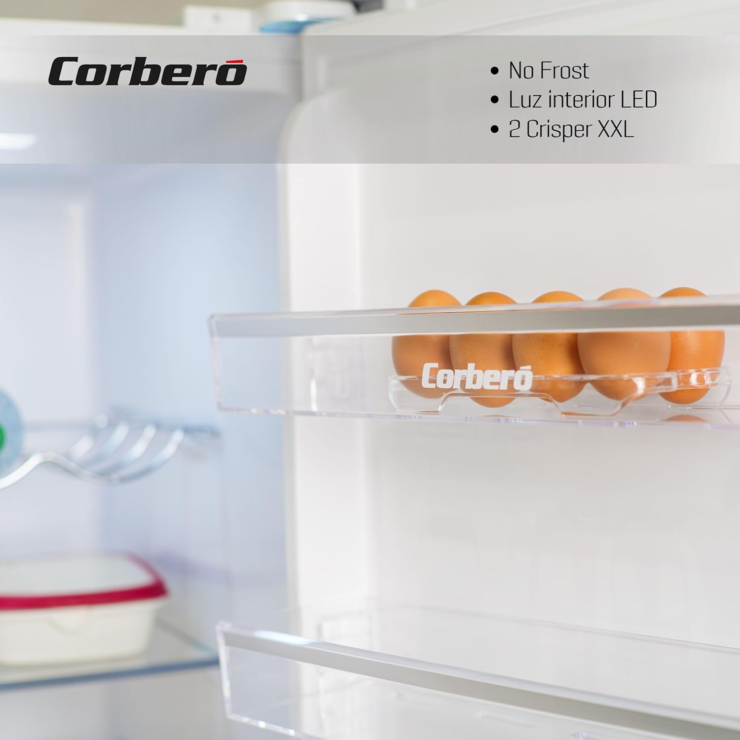 Corberó - Frigorífico 1 Puerta | CCLH18524NFW | 65x59,5x185 | Capacidad 359L | No Frost | Display en Puerta | Luz LED | 2 Crisper XXL | Fresh Box | 4 Botelleros | Tirador Easy Open | 40 Db | Inox