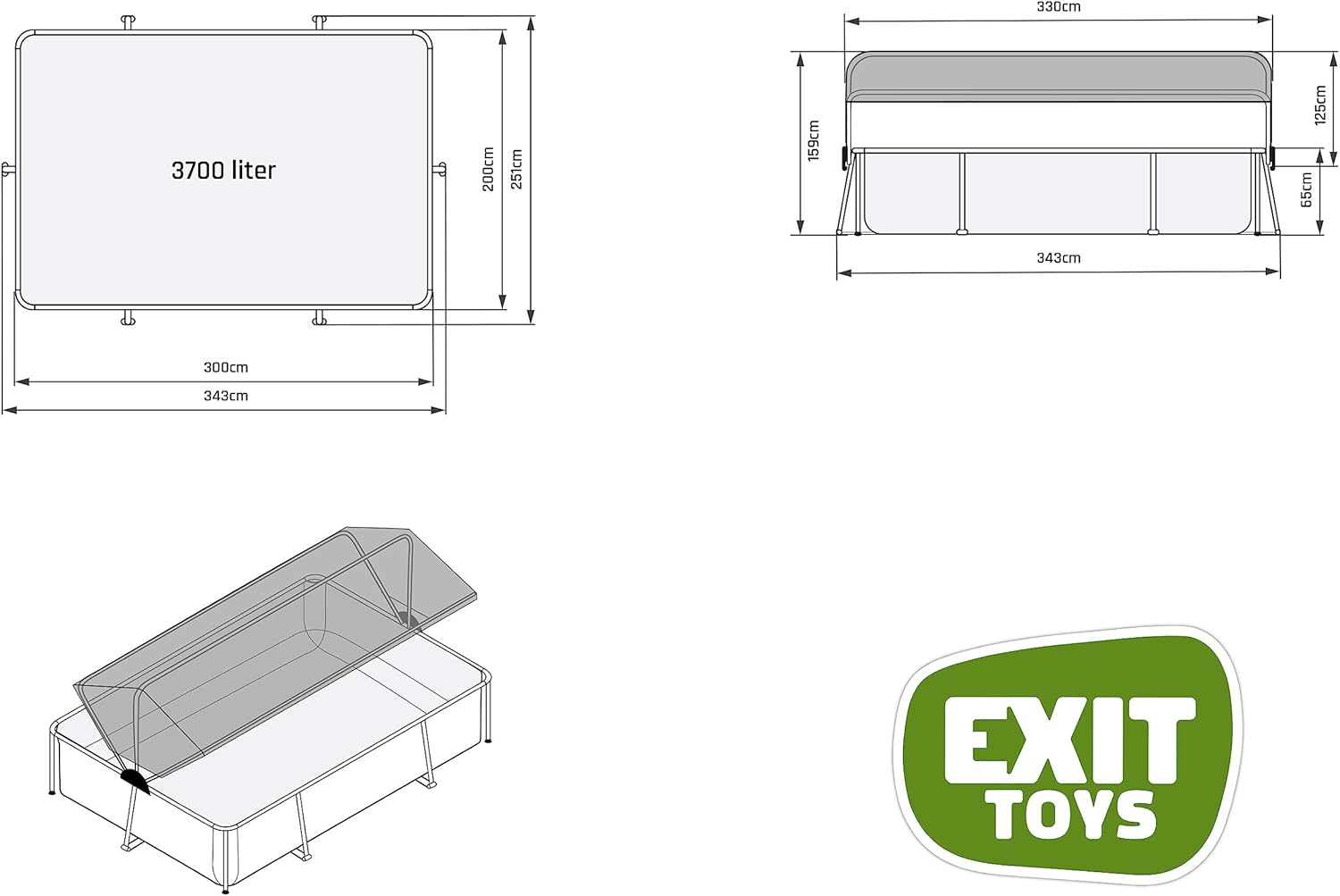 EXIT Toys Wood Pool con Toldo Solar - 300x200x65cm - Piscina de Marco Rectangular Compacta con Bomba de Filtro de Cartucho - Protección UV Óptima - Fácil Acceso - Diseño Único - Marrón