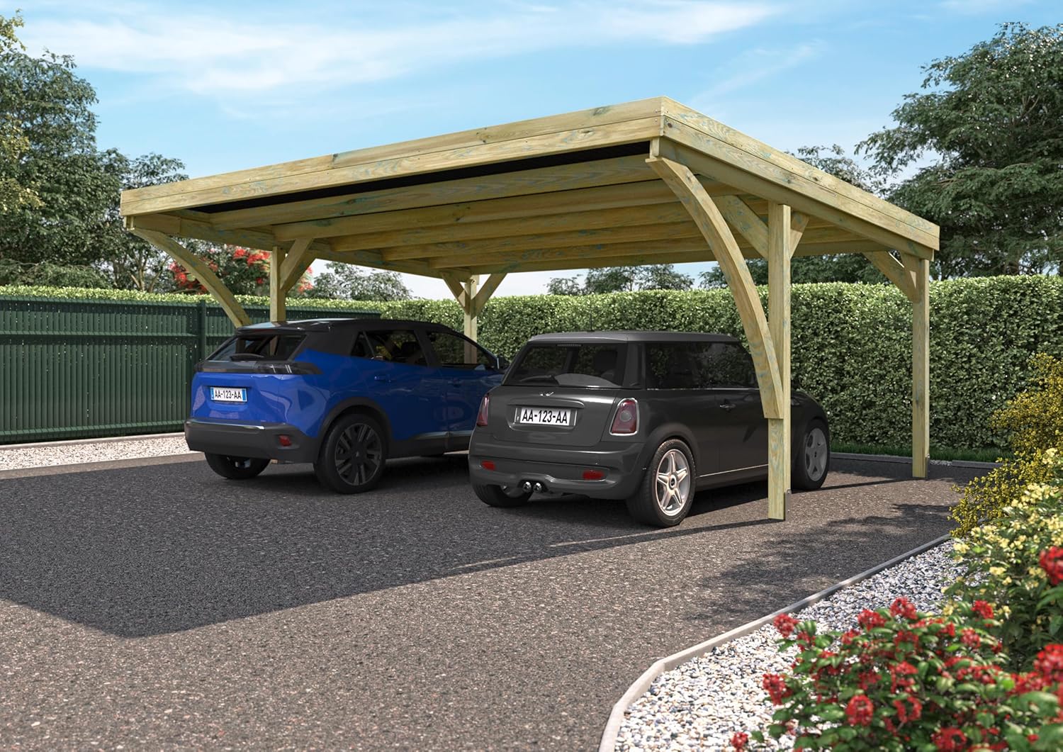 Forest Style - Cochera Doble Victor Modern 30,9 m² (6,02 x 5,11 x 2,52 m) – Madera de Pino Tratada – Techo de Policarbonato – Aparcamiento Cubierto para 2 Coches – Estructura Robusta y Duradera