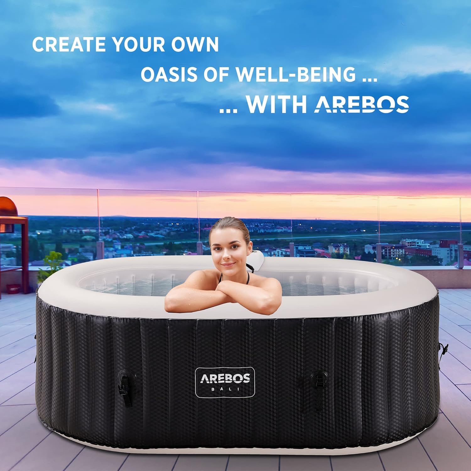 Arebos Bañera de hidromasaje con iluminación LED | SPA Hinchable | Interior y Exterior | 190x120 cm Ovalada | 2 Personas | 90 chorros de Masaje | con calefacción | 550 litros | Incl. Cubierta