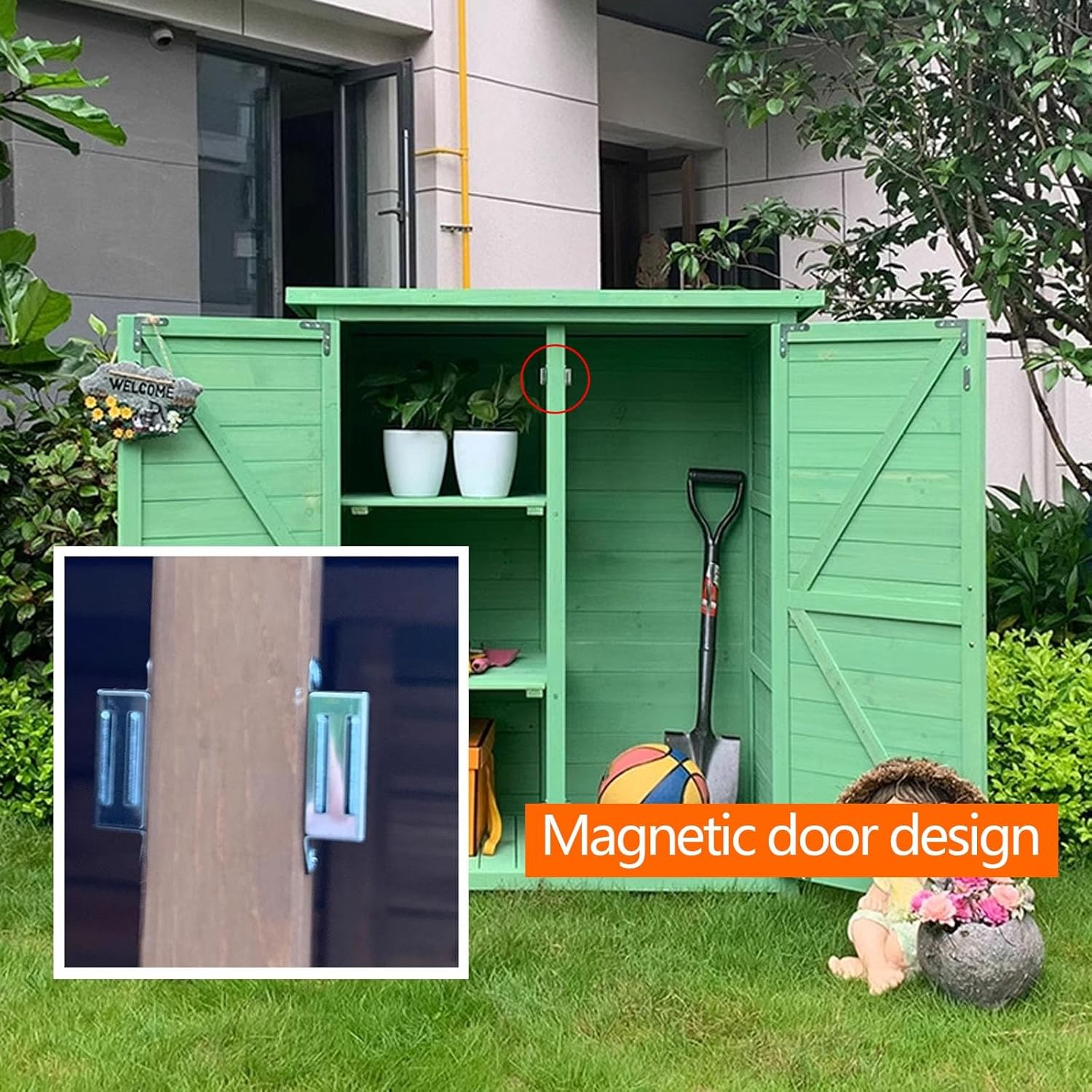 Armario de almacenamiento para exteriores, diseño vertical impermeable con almohadillas ajustables, fácil de montar para patio, jardín y porche