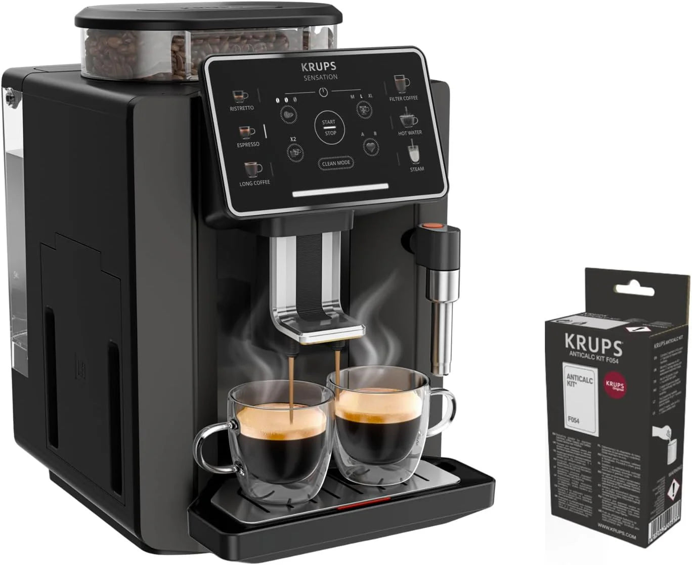 Krups Sensation C50, Superautomatic coffee maker, Power 1450W, Easy use, 5 types of drinks, Easy maintenance, Light alerts, Convenient cleaning, Custom settings, Steam nozzle, EA9108