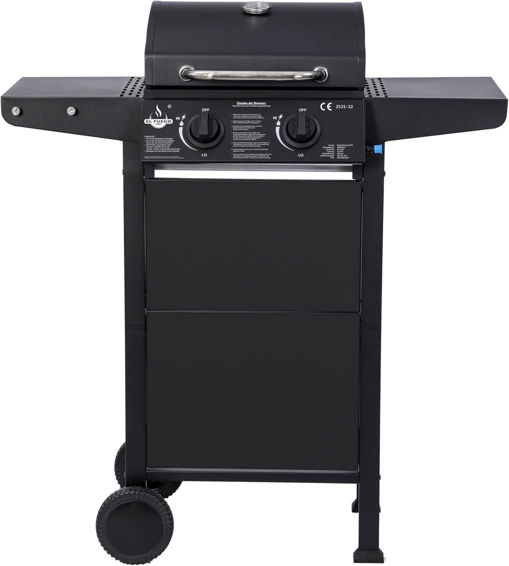 Grill gazowy "San Jose 2 palniki" firmy El Fuego®, w zestawie wąż gazowy i reduktor ciśnienia, ruszt do grillowania z żeliwa, z termometrem i dużymi półkami bocznymi, grill BBQ | AY0204