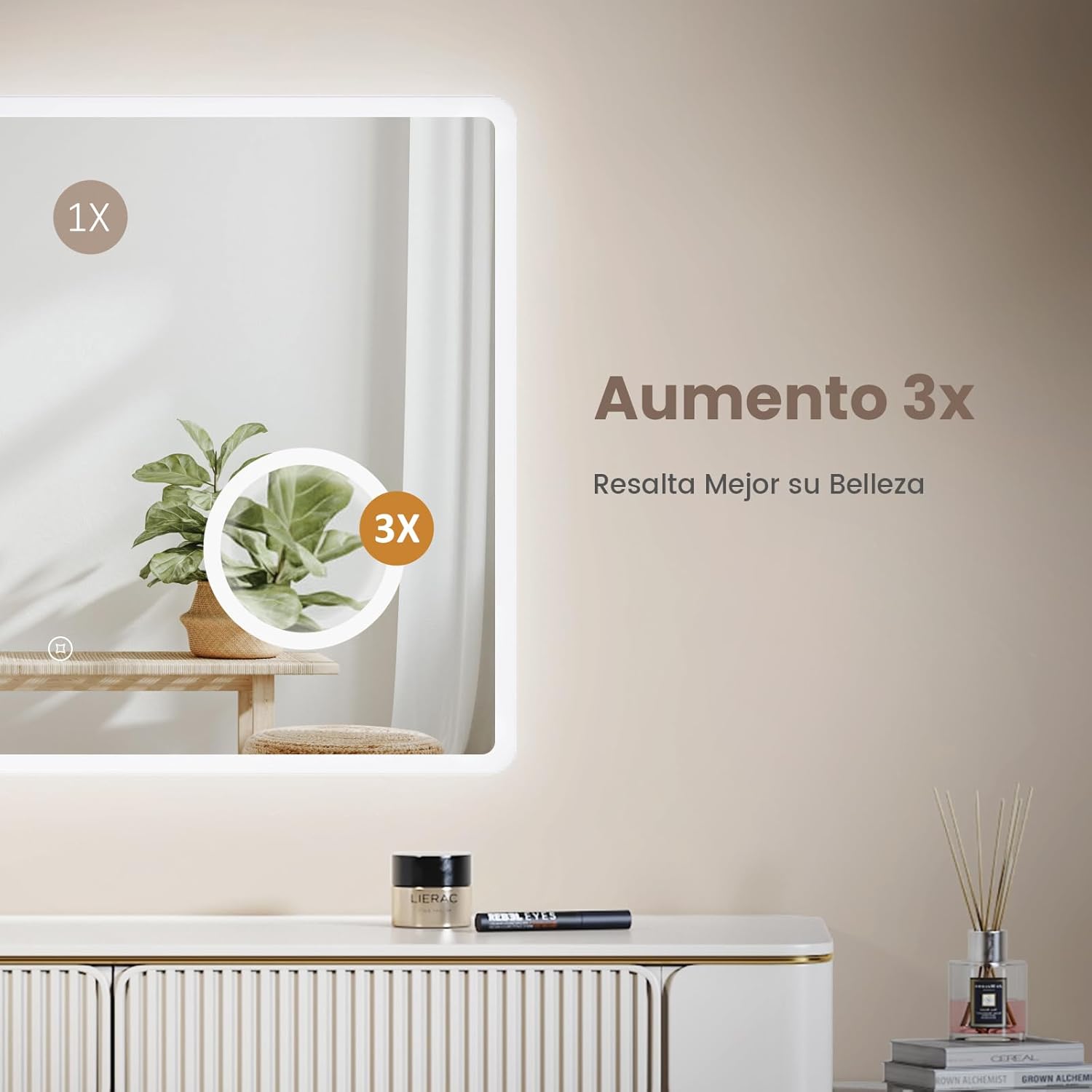 EMKE Espejo LED de Baño 90 x 70 cm, con Interruptor Táctil, Antivaho, Lupa 3X, Reloj, 6500K
