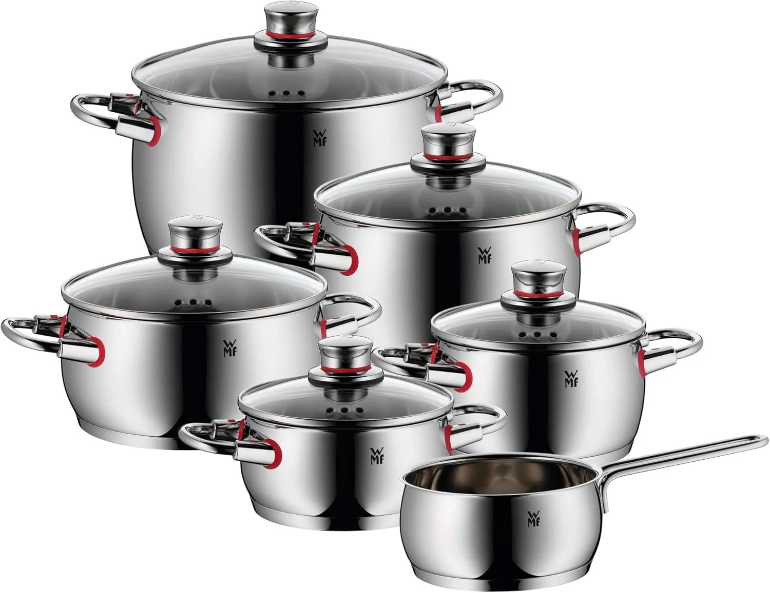 WMF Quaity One 9-Piece Cookware Set, Stainless Steel Suitable for Induction, 1 Low Saucepan 20 cm, 3 Saucepans 16 cm, 20 cm and 24 cm, 1 Saucepan 16 cm with 4 Glass Lids