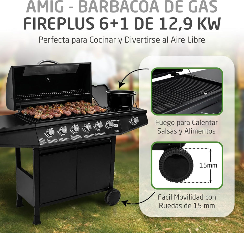 Amig - Barbacoa de gas Fireplus 6+1 de 12,9 kW - Acero inoxidable Negro - Parrilla con ruedas Modelo GRILL-6F - Barbacoa XXL con carro y termómetro - 138x52x103 cm - 7 quemadores y Bandeja lateral