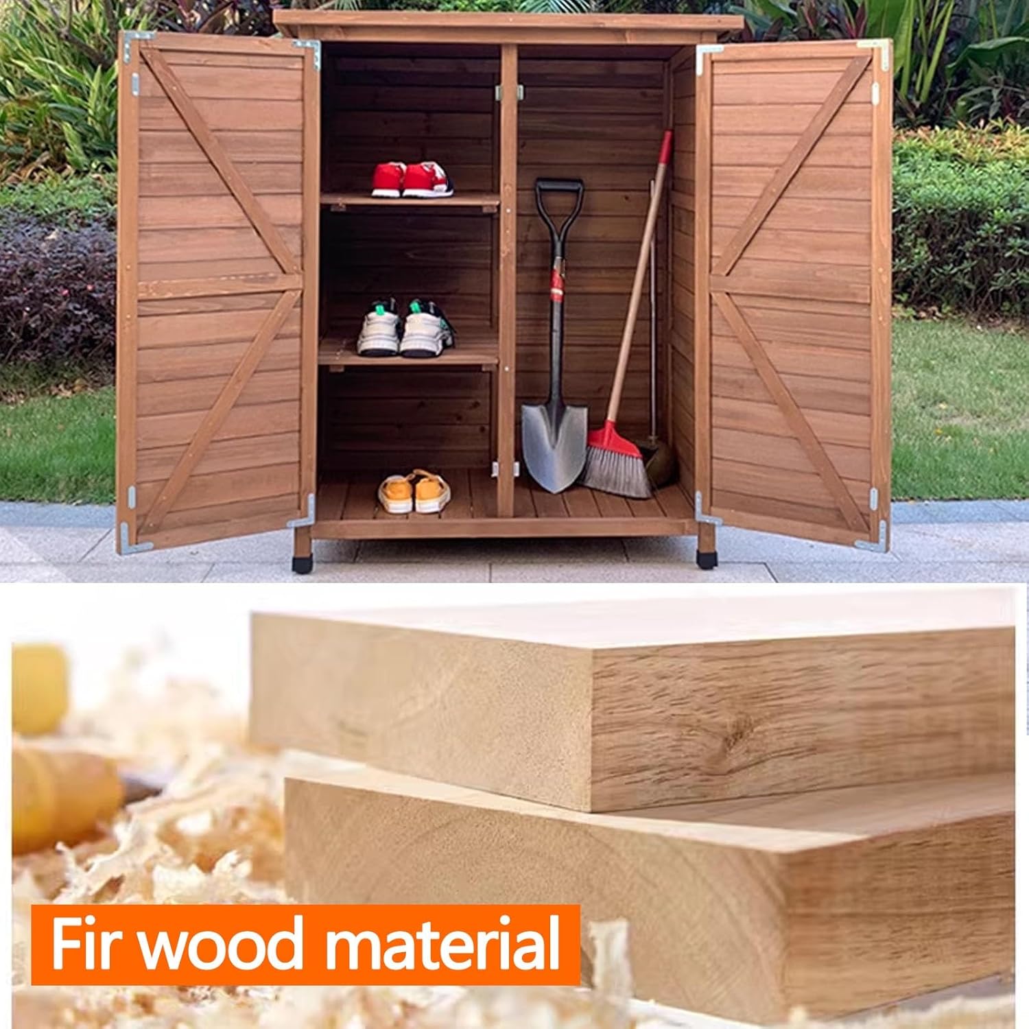Armario de almacenamiento para exteriores, diseño vertical impermeable con almohadillas ajustables, fácil de montar para patio, jardín y porche