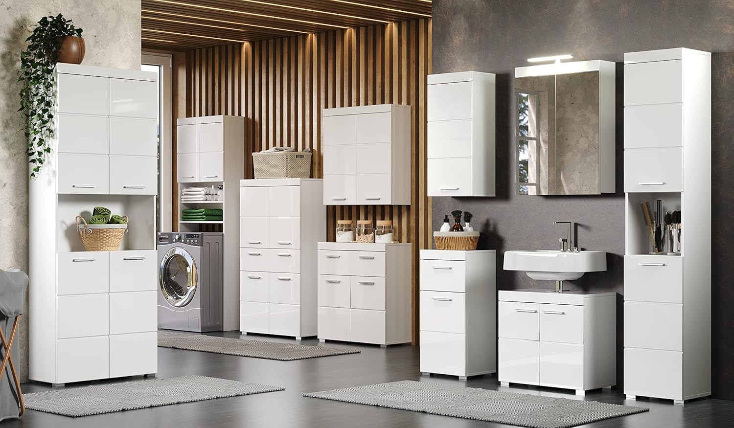 trendteam smart living Armario Alto para baño Amanda, 73 x 132 x 31 cm, en Blanco y Blanco de Brillo Intenso con cajón y abundante Espacio de Almacenamiento