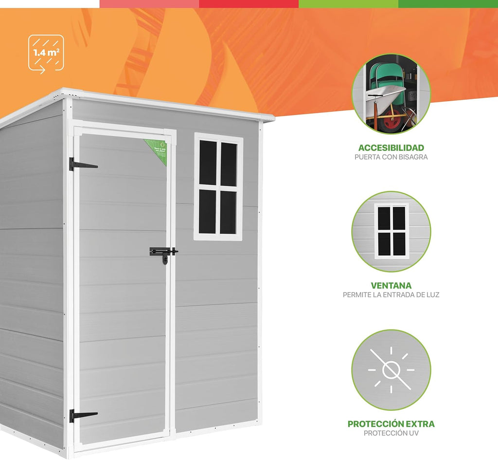 Wasabi - Caseta de Resina Jardín Unit 1.4 – Ventana Luz Natural - Suelo Incluido - Paneles 12mm de Espesor - Gris Blanco - Cobertizo PVC Almacenaje Exterior - 1,37m2 - Techo Plano