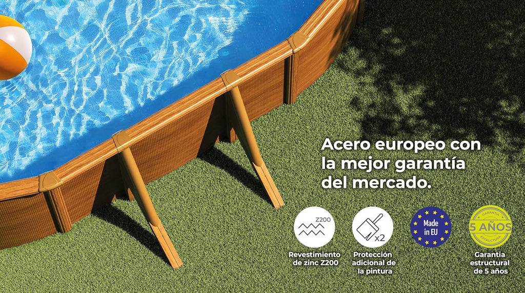 Piscina de Acero Elevada,Ovalada con Aspecto Madera. Piscinas Desmontables para Jardín. 730 x 375 x 120 cm - Piscina Gre KIT730W Pacific.