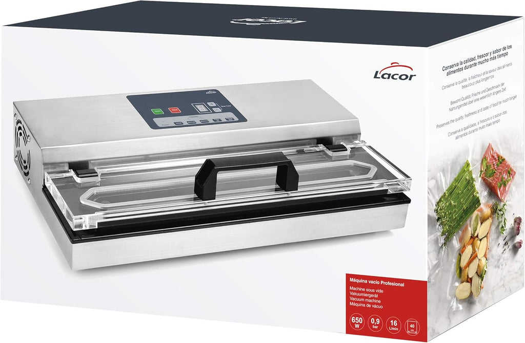 Lacor - 69540 - Envasadora al vacio, Máquina de vacio, Selladora de Alimentos, Acero inoxidable, Libre BPA, Sellado Hermético, 650W, 40cm, Inox