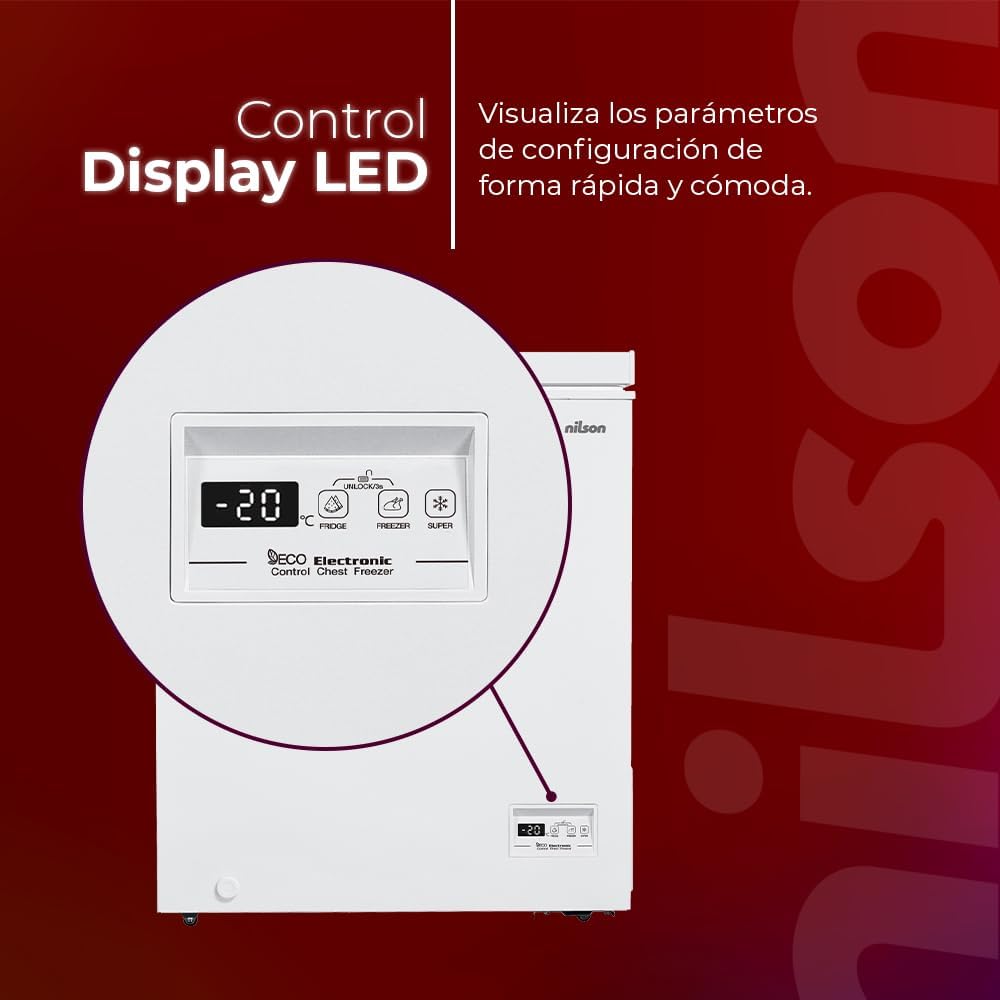 Nilson Congelador Horizontal Blanco NCH1500EDC. Capacidad 142 Litros, Dual Cooling, 4 Star, Modo Super Congelación, Tecnología Cíclica, Puerta Abatible, 1 Cesta, Bajo nivel Sonoro