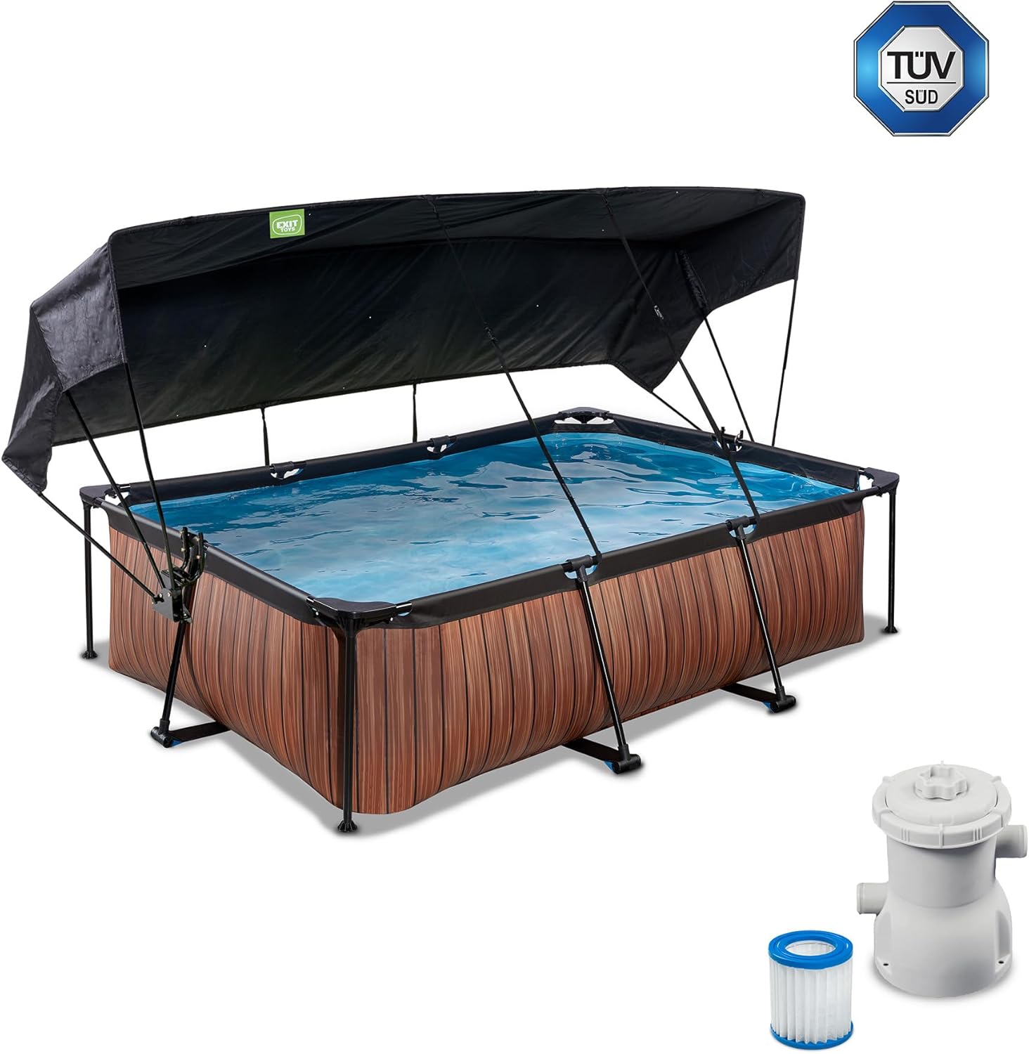 EXIT Toys Wood Pool con Toldo Solar - 220x150x65cm - Piscina de Marco Rectangular Compacta con Bomba de Filtro de Cartucho - Protección UV Óptima - Fácil Acceso - Diseño Único - Marrón