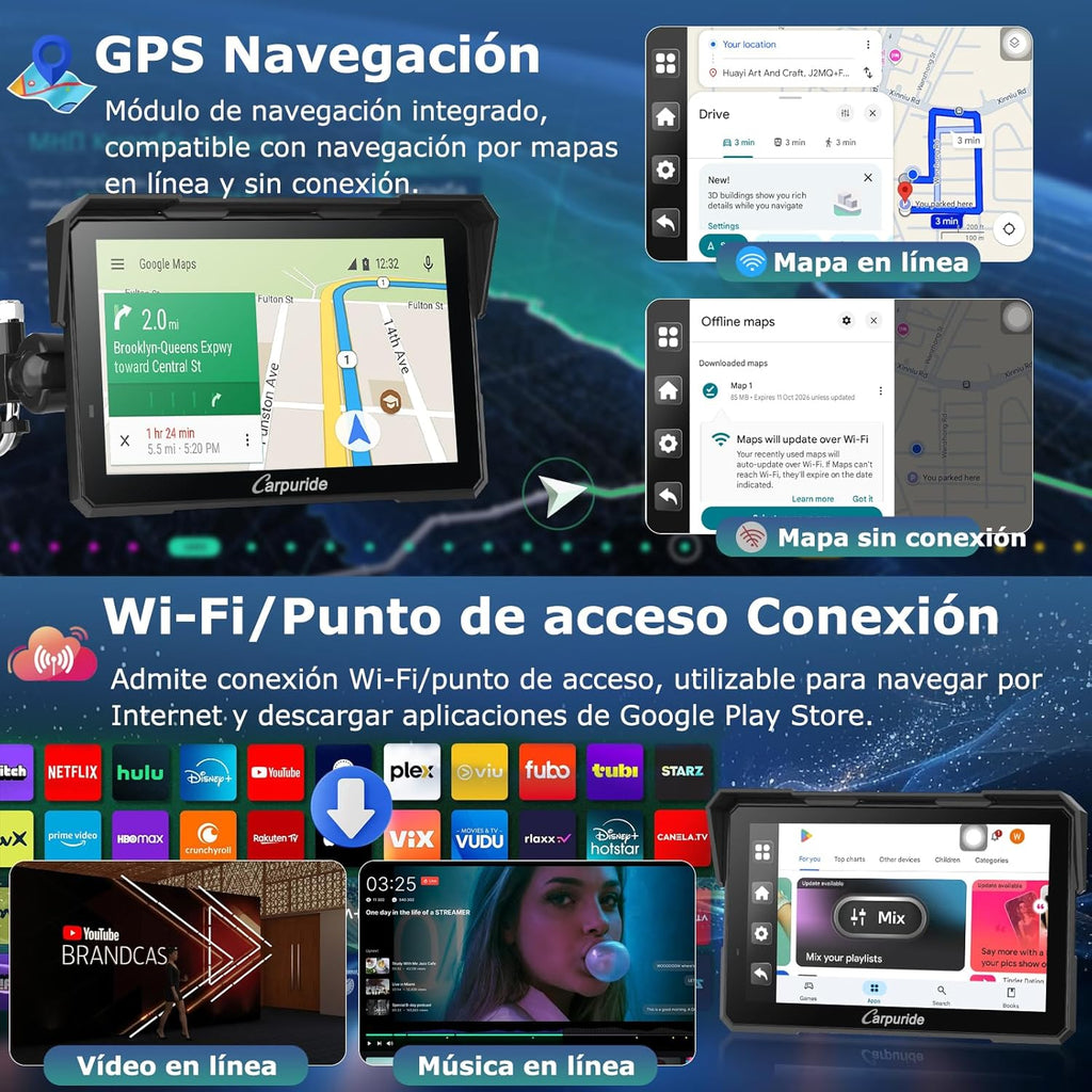 Carpuride W702 Plus Android 14 Motocicleta Carplay Pantalla con Doble Cámara, CarPlay y Android Auto Inalámbricos,7" Pantalla Táctil Impermeable, Audio BT,Grabación Bucle, Navegación Online y Offline.