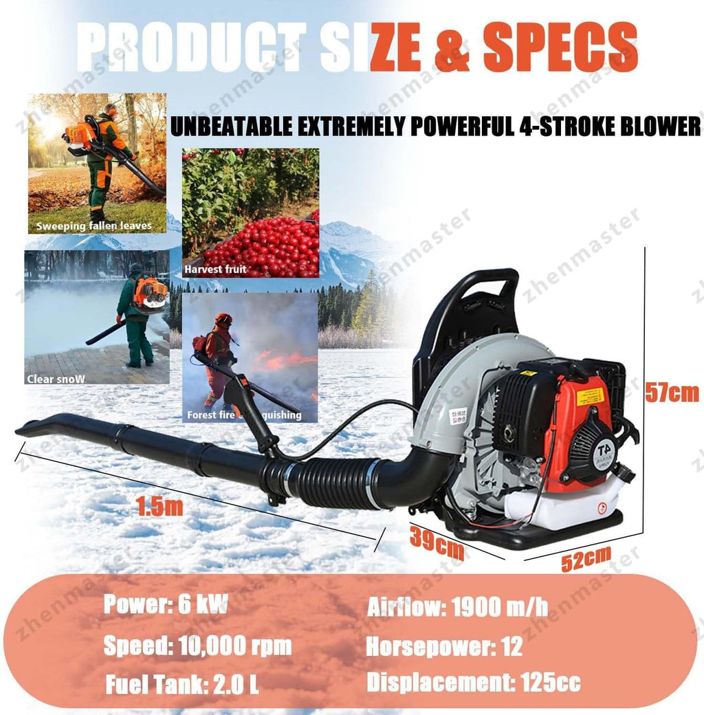 Soplador Gasolina 4 Tiempos Mochila 1000cc, Motor 12 HP, Depósito 2.0L, 10000 RPM, Potente Y Silencioso para Hojas, Nieve, Jardín, Patio Y Uso Profesional Residencial(Red)
