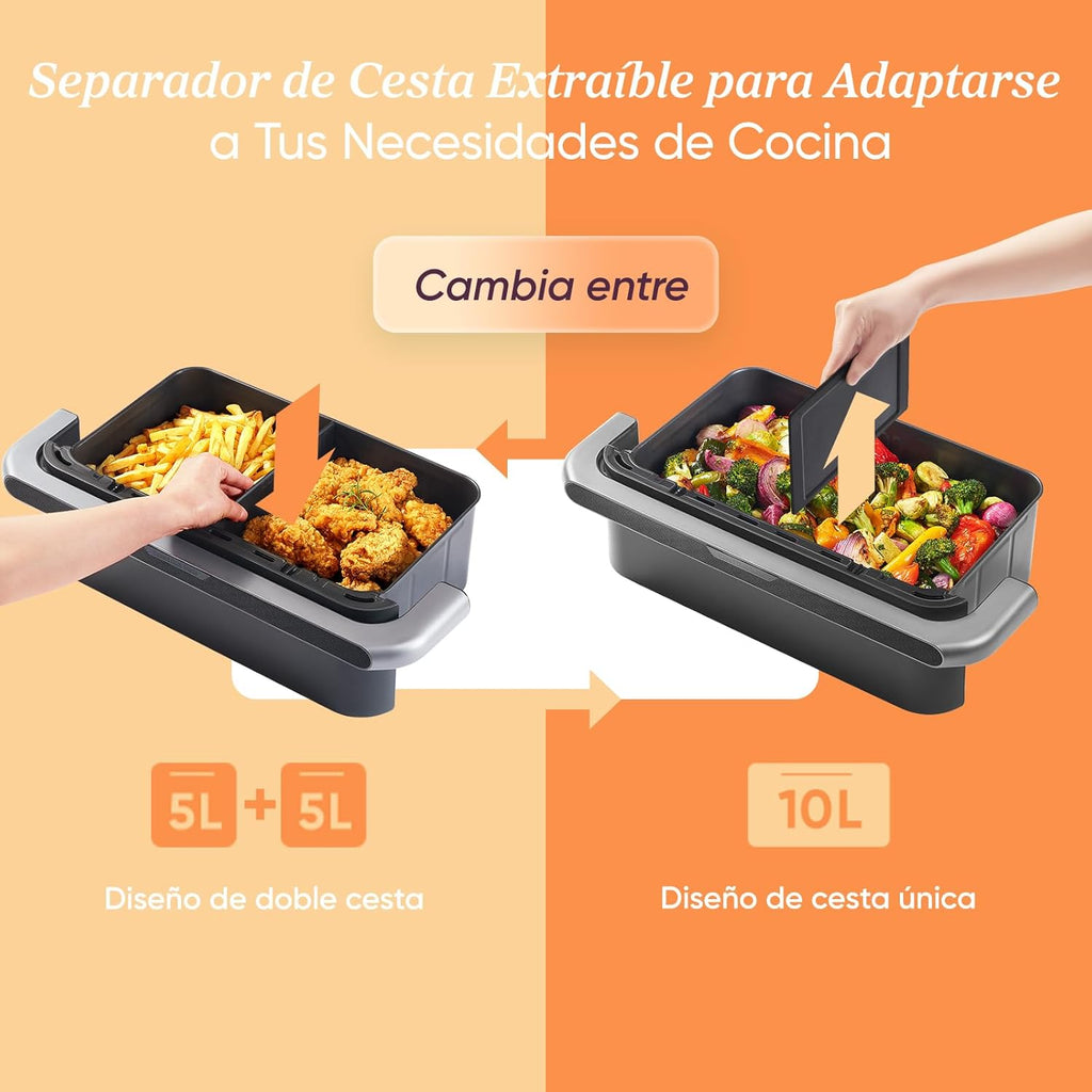 Cosori Freidora de Aire Dual Blaze TwinFry 10 Litro-True Metal-Doble Resistencia 2800 W (35–240 °C)-Divisor para Zonas de la Gran Doble Cesta-6 Funciones-Smart WiFi-Máx 10 Personas-Limpiable
