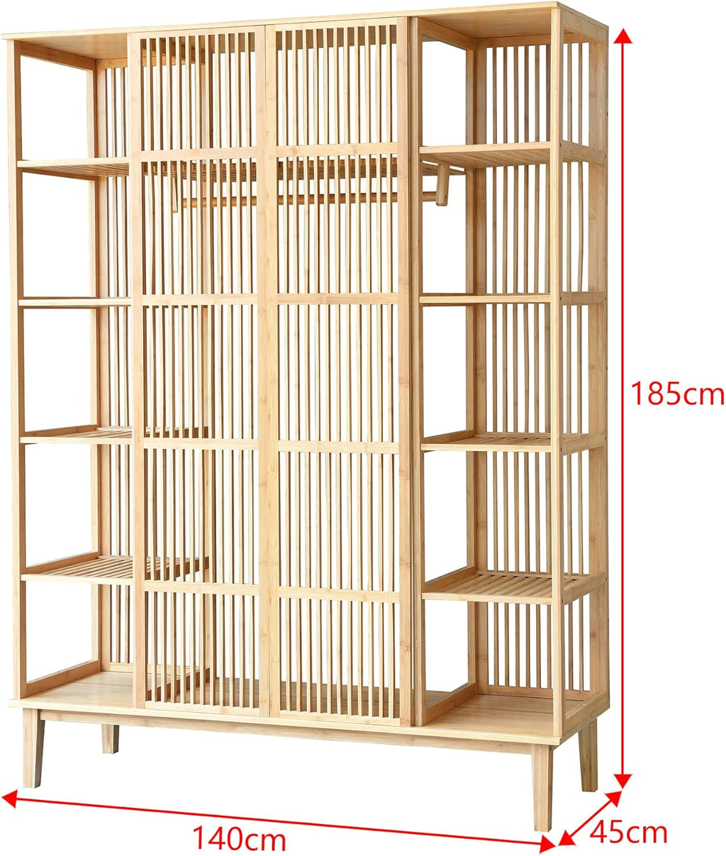 [en.casa] Armario para Ropa con 2 Puertas Deslizantes Clóset con 12 Estantes y 1 Barra de Colgar Perchero de Bambú 185 x 140 x 45 cm Natural