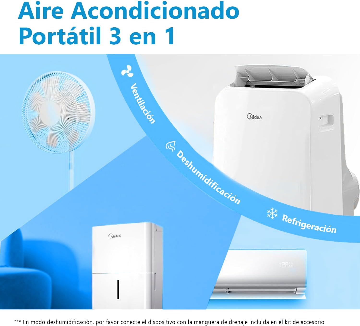 MIDEA Pingüino Aire Acondicionado Portátil 3 en 1 | 3000 Frigorías / 12000 BTU | Air conditioner Silencioso 43m2 - Deshumidificador Ventilador Climatizador 3500 W - 4 modalidades con kit de ventana