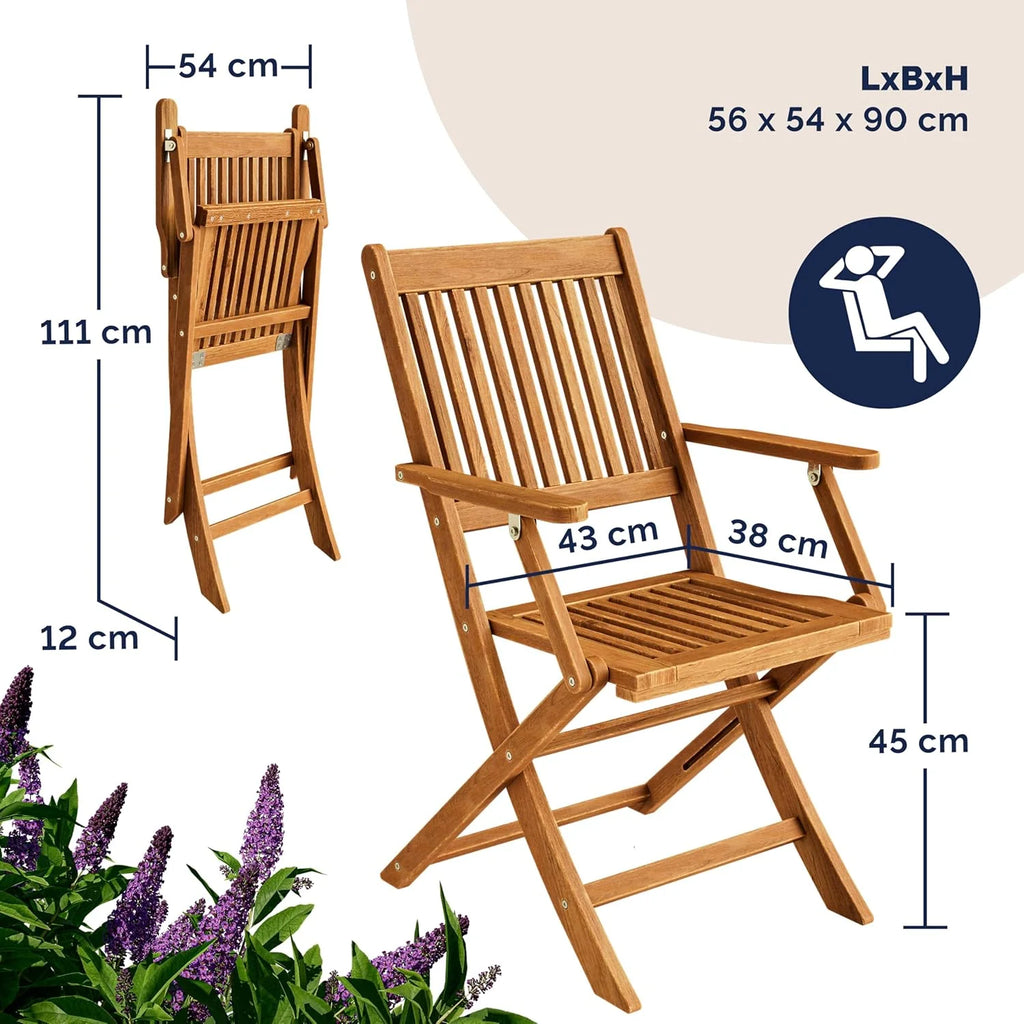 CASARIA® FSC® Outdoor Garden Table Set of 4 Chairs Acacia Wood Dining Set Patio Terrace Balcony Set 5 Pieces Folding Table Seats Armrests Durable Weather Resistant 120 x 70 cm