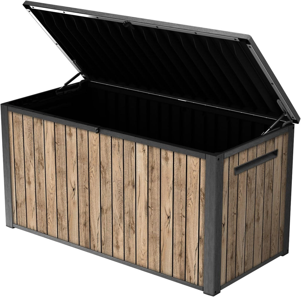 Keter Caja de jardín Sierra 643L, 144 x 67 x 73 cm, plástico con aspecto de madera (pino), tapa con resortes de gas, se puede cerrar