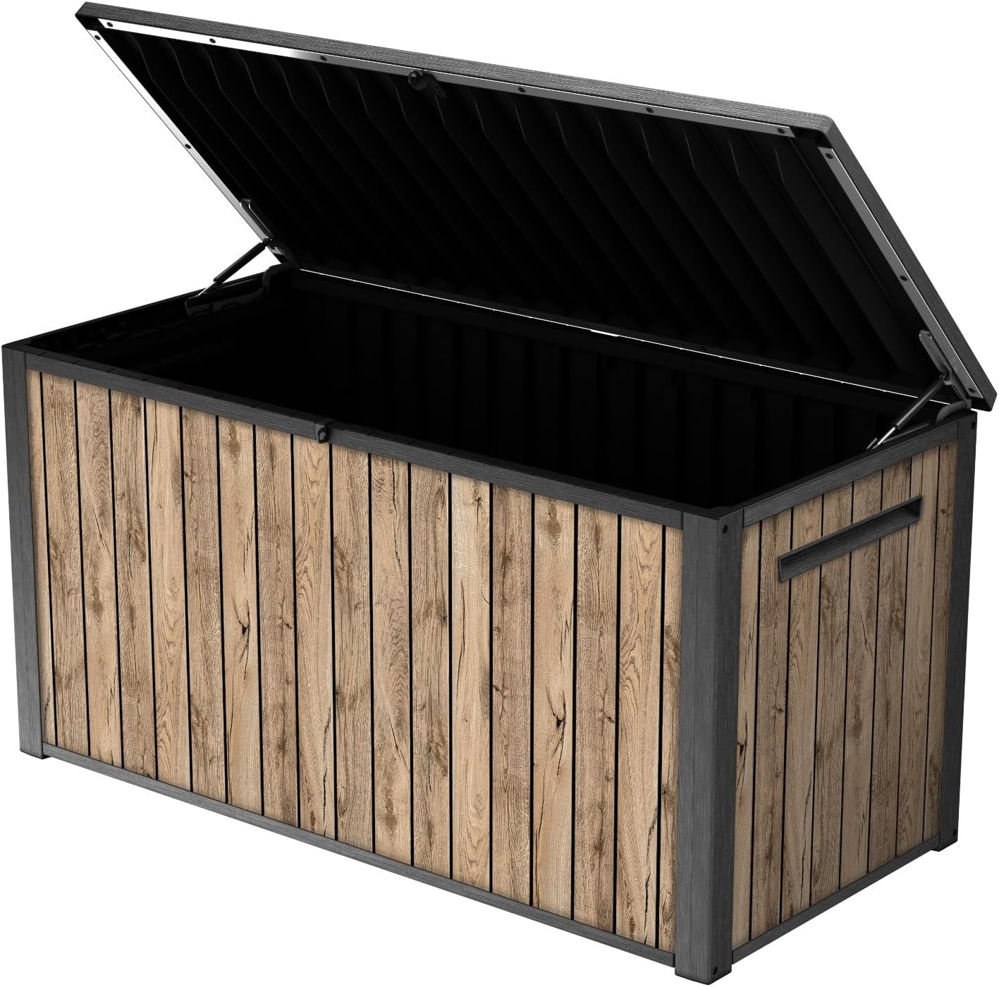 Keter Caja de jardín Sierra 643L, 144 x 67 x 73 cm, plástico con aspecto de madera (pino), tapa con resortes de gas, se puede cerrar