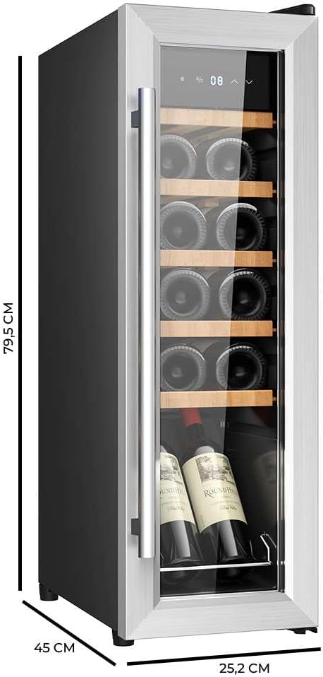 Cecotec Vinoteca Libre Instalación Bolero GrandSommelier 1250 CoolWood. Nevera para vinos con capacidad para 12 botellas, temperatura ajustable de 8-18ºC, LED y estantes de madera.