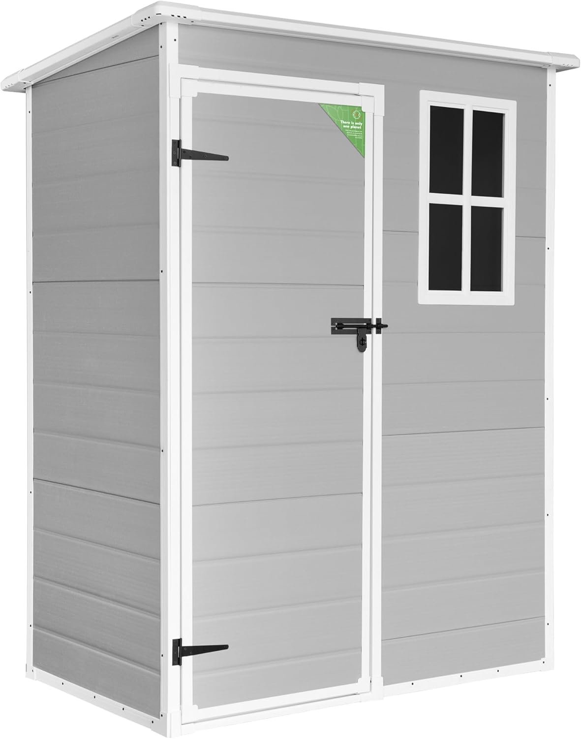 Wasabi - Caseta de Resina Jardín Unit 1.4 – Ventana Luz Natural - Suelo Incluido - Paneles 12mm de Espesor - Gris Blanco - Cobertizo PVC Almacenaje Exterior - 1,37m2 - Techo Plano