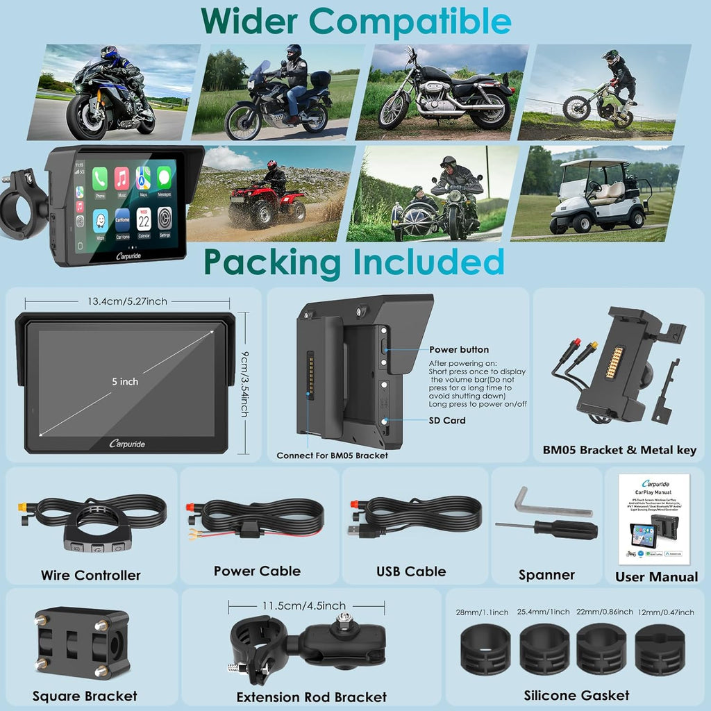 Carpuride W502S Pro - GPS inalámbrico para Motocicleta, Carplay/Android Auto, Pantalla táctil Impermeable de 5", con Soporte BM05, Bluetooth Trans, Mando a Distancia con Cable y navegación
