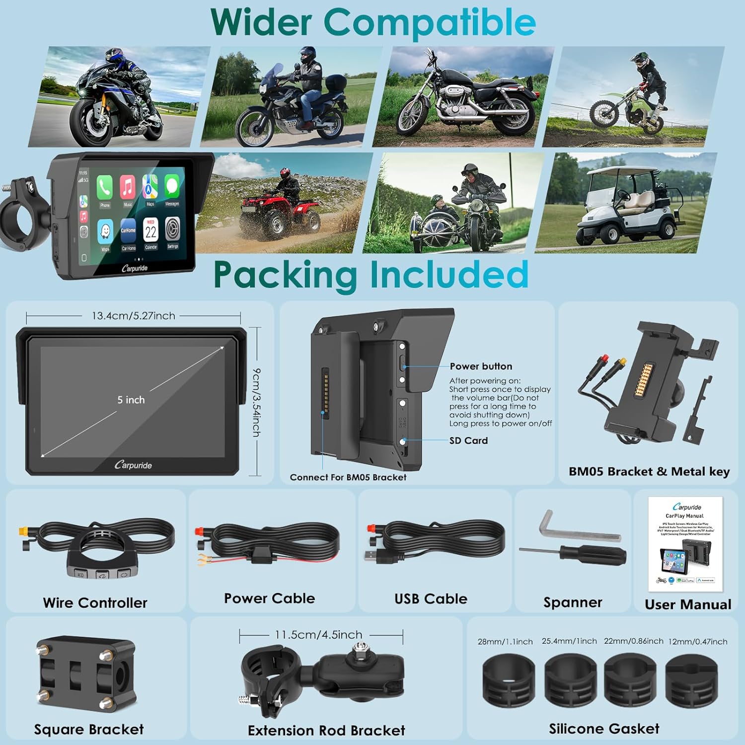 Carpuride W502S Pro - GPS inalámbrico para Motocicleta, Carplay/Android Auto, Pantalla táctil Impermeable de 5", con Soporte BM05, Bluetooth Trans, Mando a Distancia con Cable y navegación