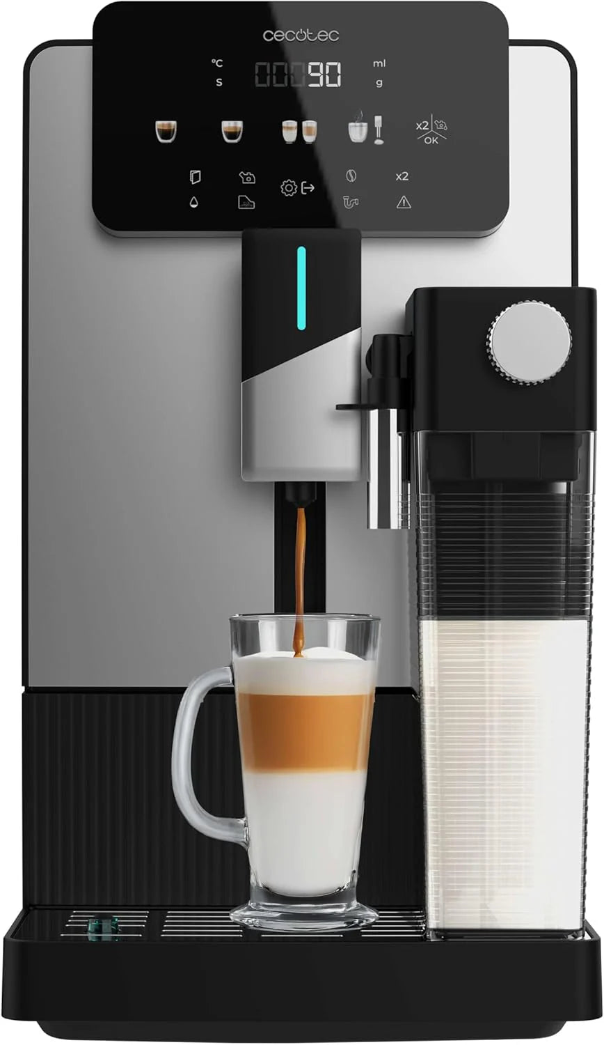 Cecotec Cremmaet Latte Touch Superautomatic Coffee Maker, 19 Bars, Thermoblock, 12 Beverages, 4 Profiles, Water 1.1L and 400 ml Milk, TFT Screen, Conical Grinder, Automatic Cleaning, Adjustable Height