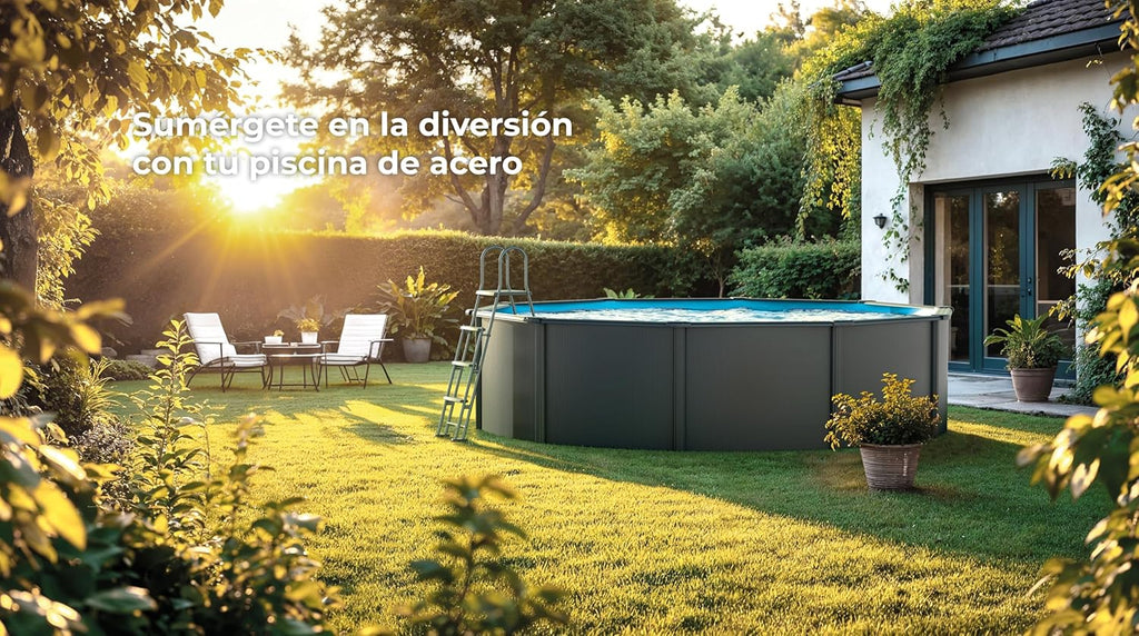 Gre KIT240GF Piscina de Acero Elevada, Redonda con Aspecto Acero Grafito, Piscinas Desmontables para Jardín, 240 x 120 cm, Kea