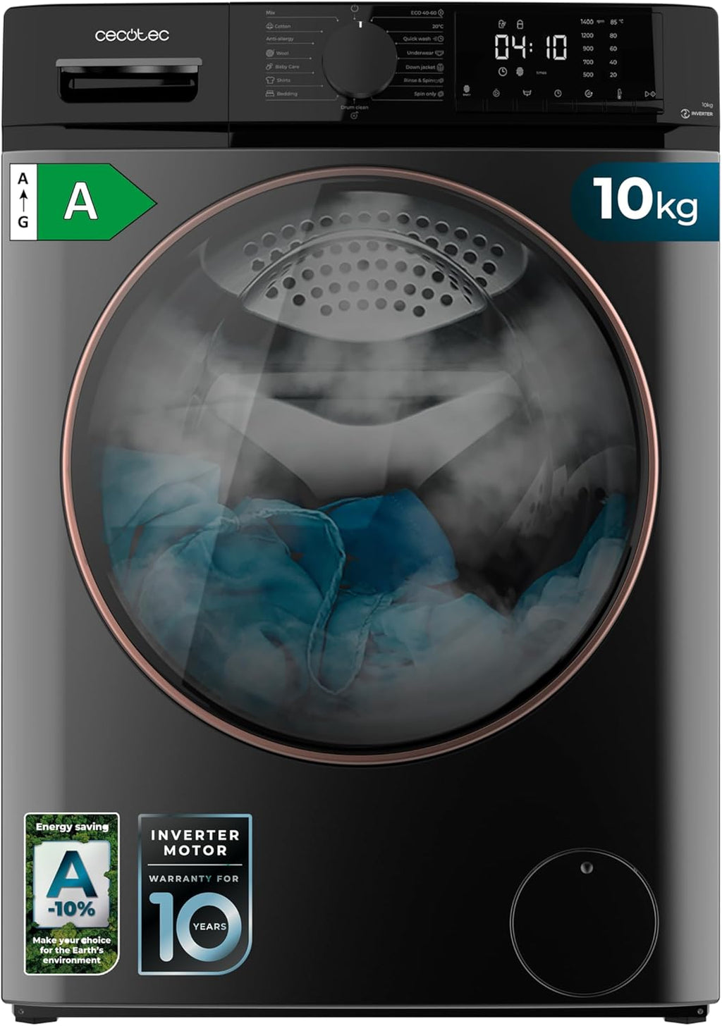Cecotec Lavadora 10Kg Carga Frontal Bolero DressCode 10610 Inverter Steel A. 1400 RPM, Steam Max, Motor Inverter Plus, 15 Programas, OnSmart, Smooth Wash, Stop&Go, Goma Antibacteriana, Drum Clean