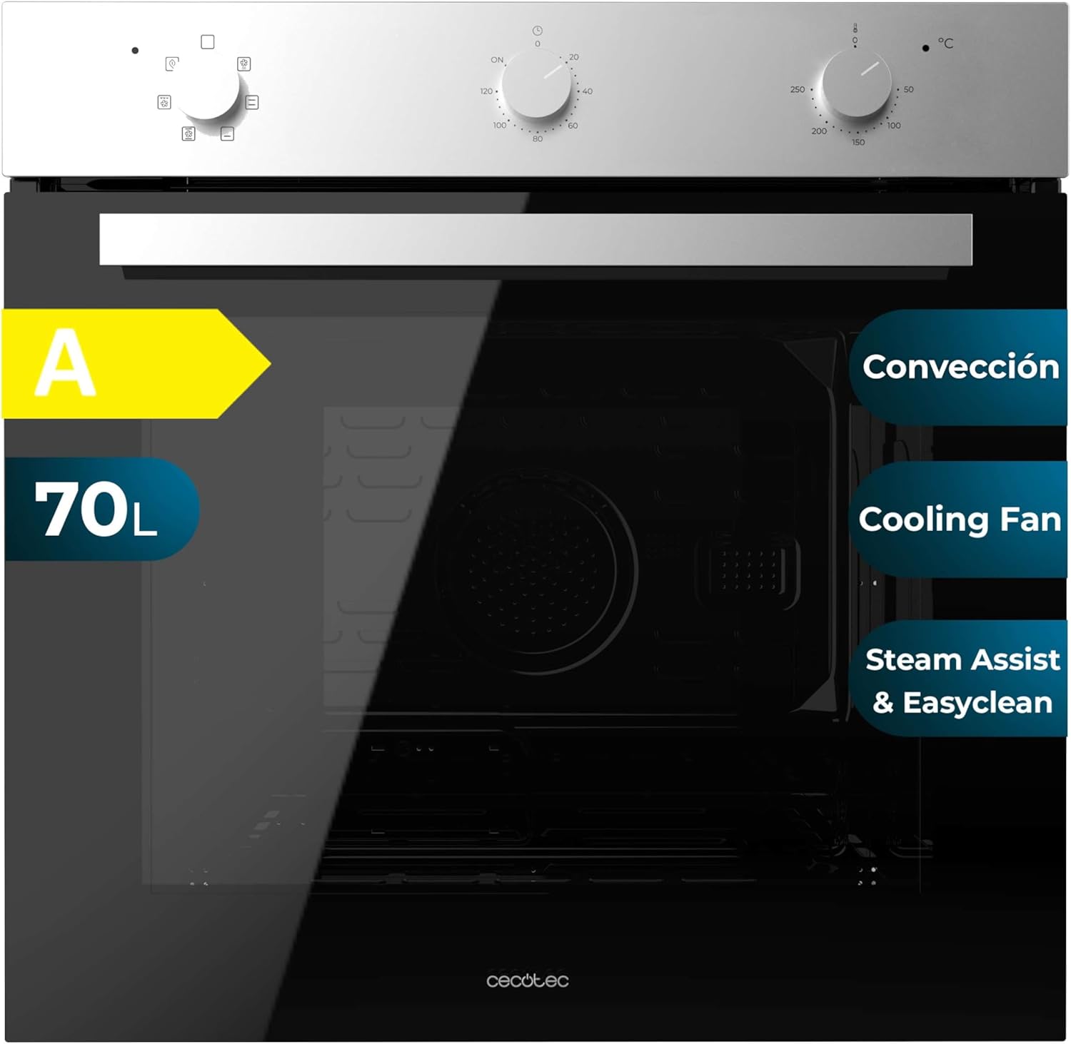 Cecotec Horno Integrable Multifunción 70L Bolero Hexa M236000 Inox Time. 2800W, 6 Funciones, Temporizador, Steam Base XXL, Steam Assist, Steam EasyClean, Cooling Fan, Modo Defrost, Eco, Convección