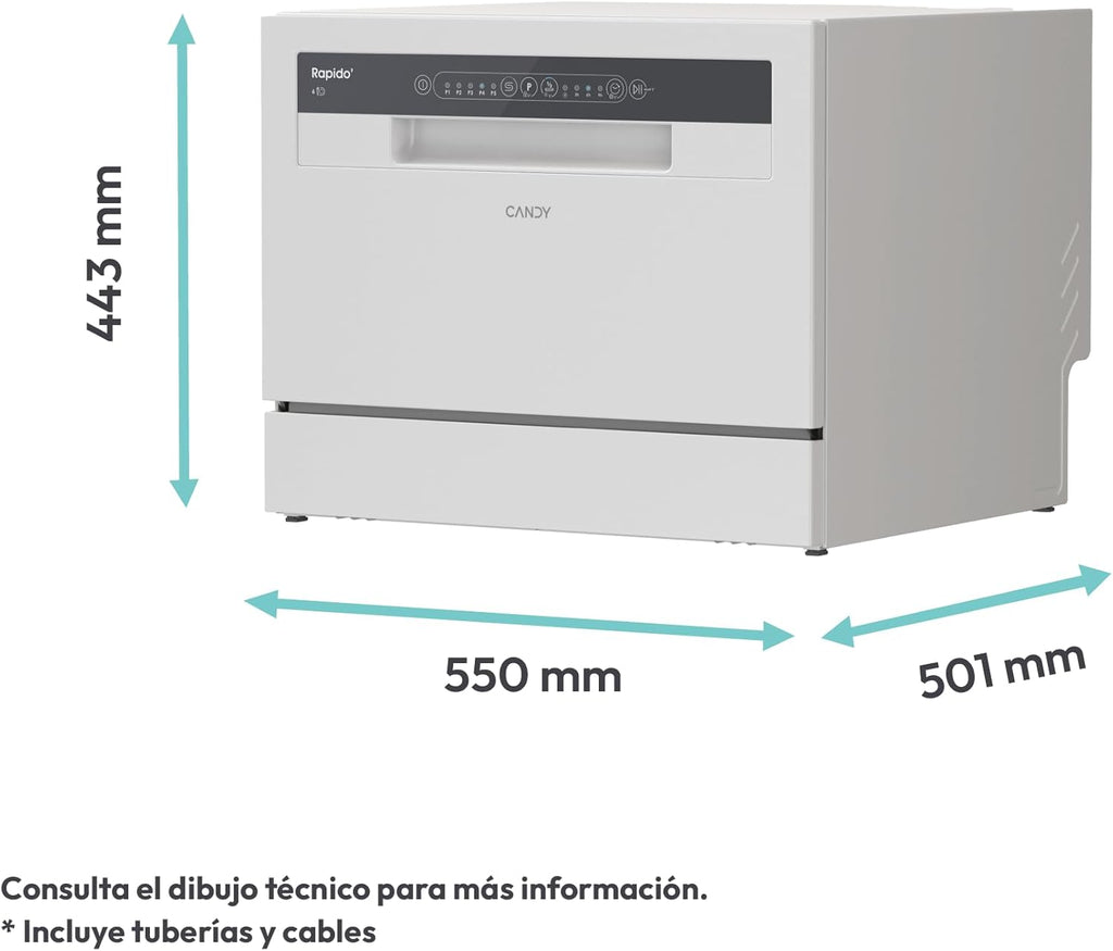 Candy CP 6E51LW Lavavajillas Pequeño y Compacto, 6 Servicios, Digital, 51DBA, 5 Ciclos, Media Carga, Inicio Diferido 3-6-9 horas, Indicador Sal y Abrillantador, Indicador Fin de Ciclo, Blanco