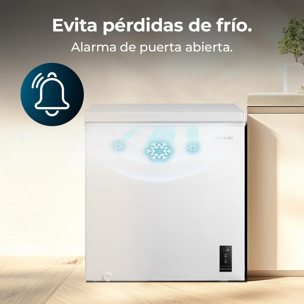 Cecotec Congelador Horizontal 198L Bolero CoolMarket Chest 198P White E. Cesta con Asas, Control Electrónico LED, UltraContact D-Cool, Dual Function, Puerta ZeroG (80º-30º), Fast Freezing, Compacto