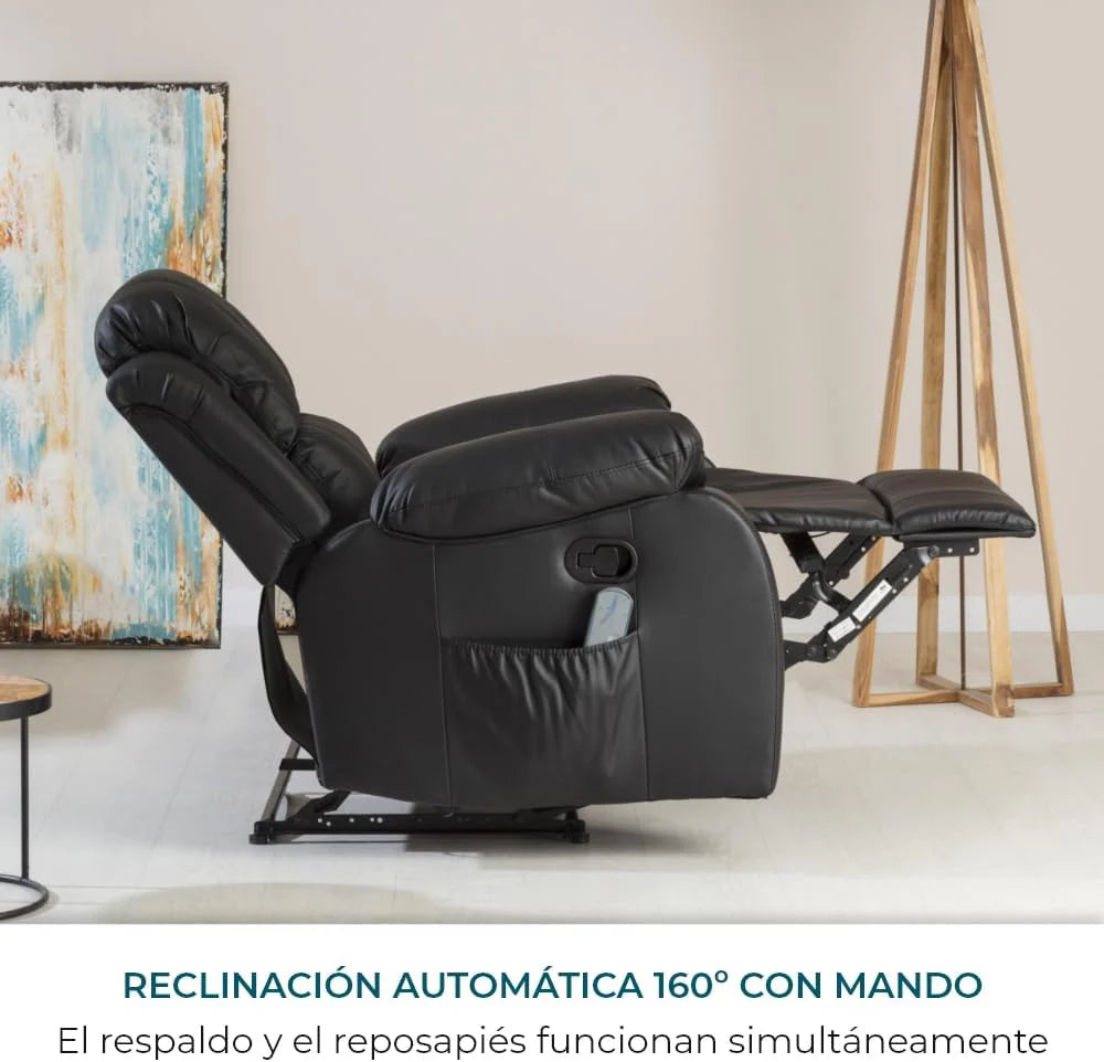 Don Descanso - Sillón Masaje Relax Calor Trevi Negro Reclinable 160º con 8 Motores Silenciosos, Calor Lumbar, Sist. Masaje 4 Zonas y Acabado en PU Anti-Cuarteo [Incluye Mando]. Ideal Gente Mayor