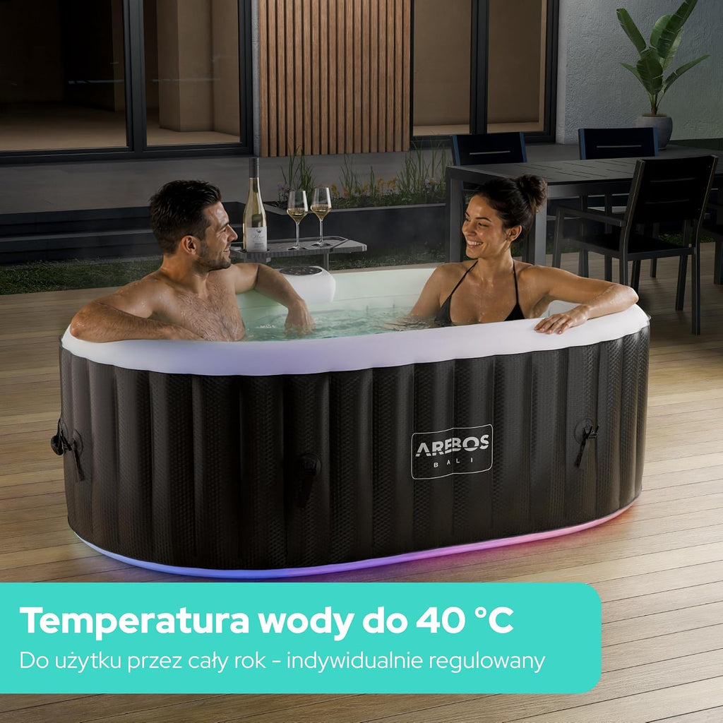Arebos Nadmuchiwane spa z oświetleniem LED | Nadmuchiwane | Wnętrze i na zewnątrz | 190x120 cm Owal | 2 osoby | 90 dysz masujących | z ogrzewaniem | 550 litrów | Okładka w zestawie | Bąbelkowe Spa