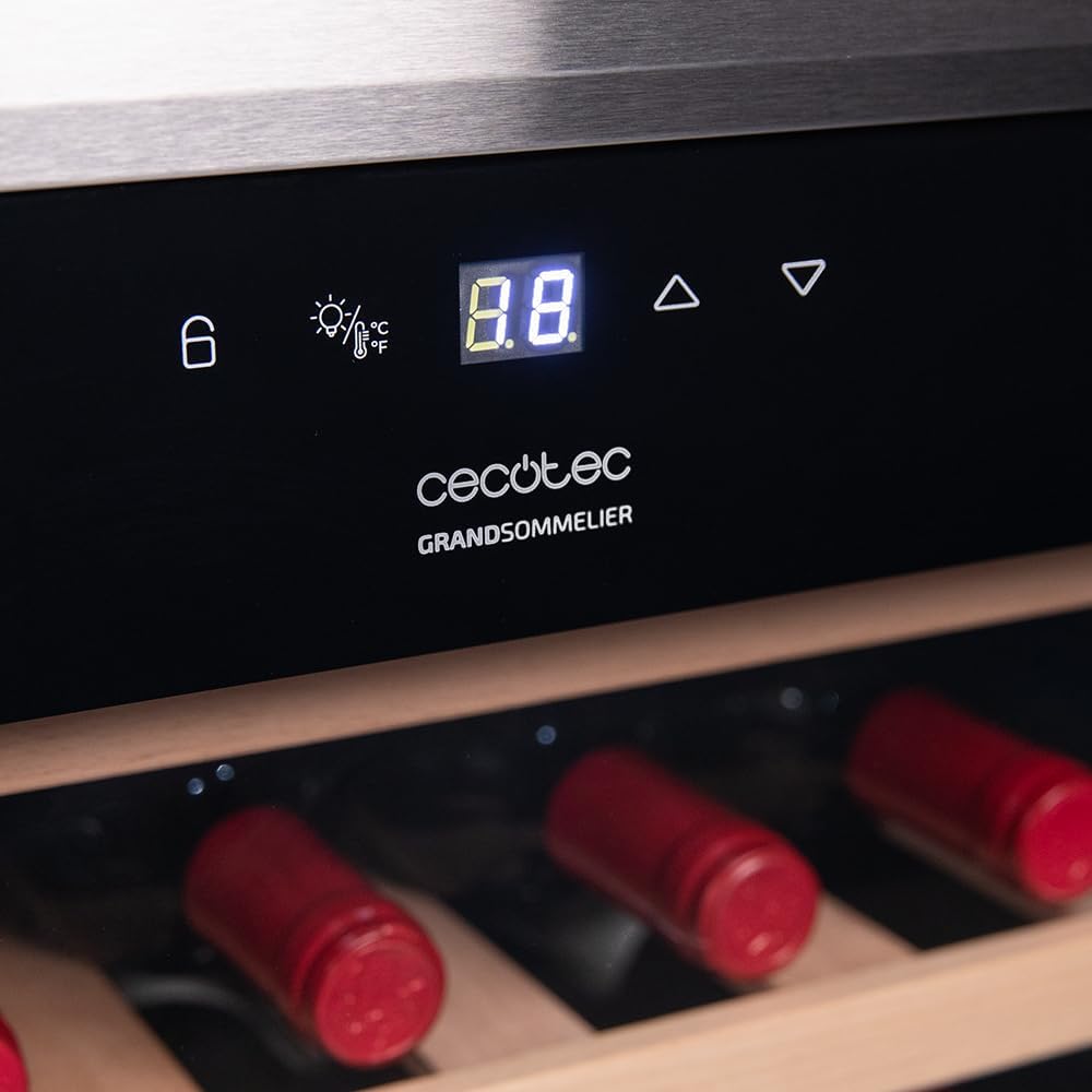Cecotec Vinoteca 34 botellas Bolero grandsommelier 34030 inox compressor, 80 L, Enfriamiento por compresor, Temperatura regulable de 5 a 18ºC, Control táctil, Display, LED interior.