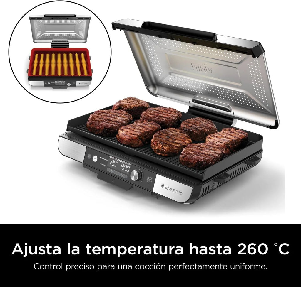Ninja Sizzle Pro XL Indoor Grill and Griddle with Non-Stick Ceramic Griddle Plate and Griddle, Detachable Lid, Grease Catcher and Recipe Guide, Silver/Black GX101EU
