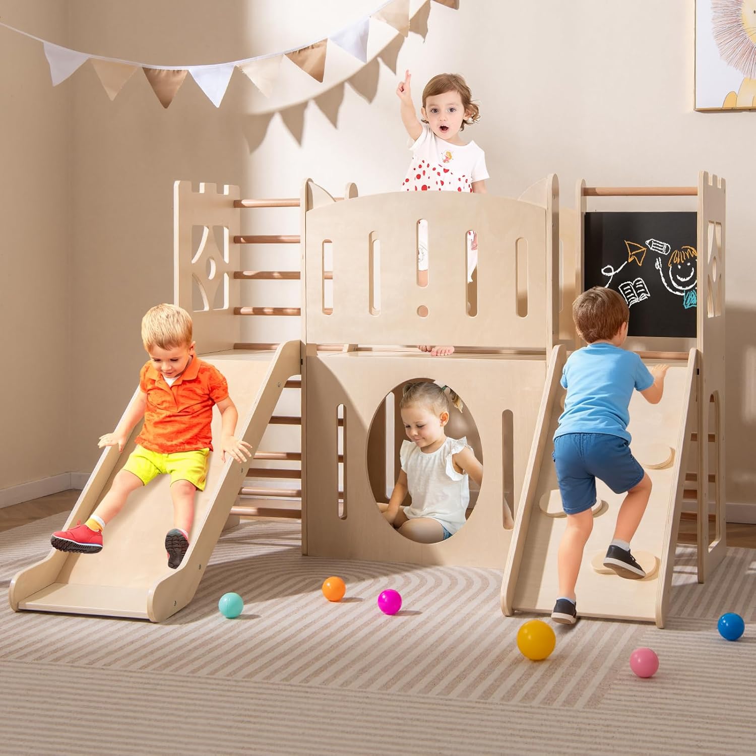 COSTWAY 8 en 1 Parque de Juegos de Interior de Madera con Temática de Castillo, Tobogán Infantil, Escalador, Escaleras, Almacenamiento, Pizarra, Túnel, Juego Montessori para Niños de 3+ Niños