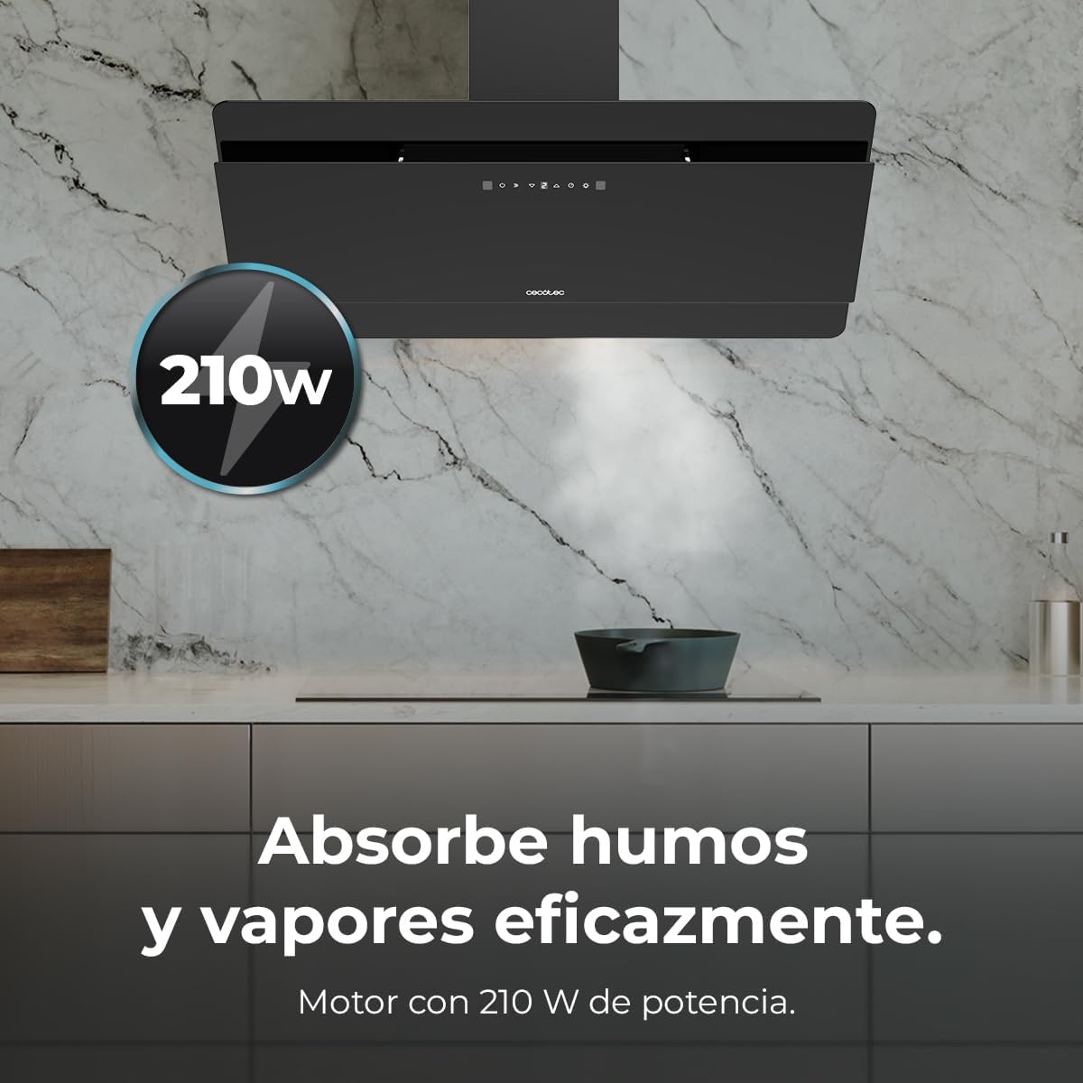 Cecotec Campana Decorativa 90 cm Flux Dt 908000 Glass Black A++. Vidrio Negro, 800M3/H de Potencia, Motor 210W, A++, Control Táctil, 3 Niveles + Booster, Hand Movement Control