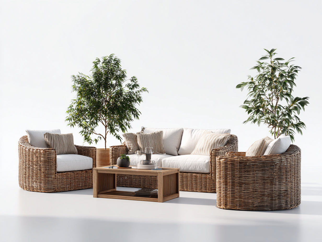 Sofás de jardín ratán natural con cojines beige y mesa de centro 200x80x75 cm - diseño moderno para exterior