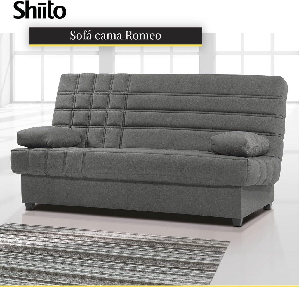 SHIITO - Sofá Cama de 3 Plazas con Arcón Interior - 100 x 193 x 100 cm - Modelo Romeo - con Apertura Clic-Clac - Incluye 2 Cojines - Color Gris Oscuro