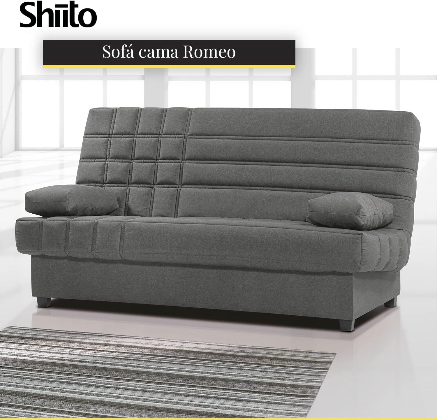 SHIITO - Sofá Cama de 3 Plazas con Arcón Interior - 100 x 193 x 100 cm - Modelo Romeo - con Apertura Clic-Clac - Incluye 2 Cojines - Color Gris Oscuro
