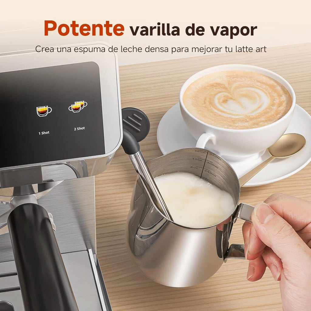 AMZCHEF Espresso Maker with Built-in Grinder 20 Bars – Coffee Machine with 44 Grinding Settings, Milk Steamer, 4 Temperatures, Cold Coffee Function, Stainless Steel, 1.8L Tank